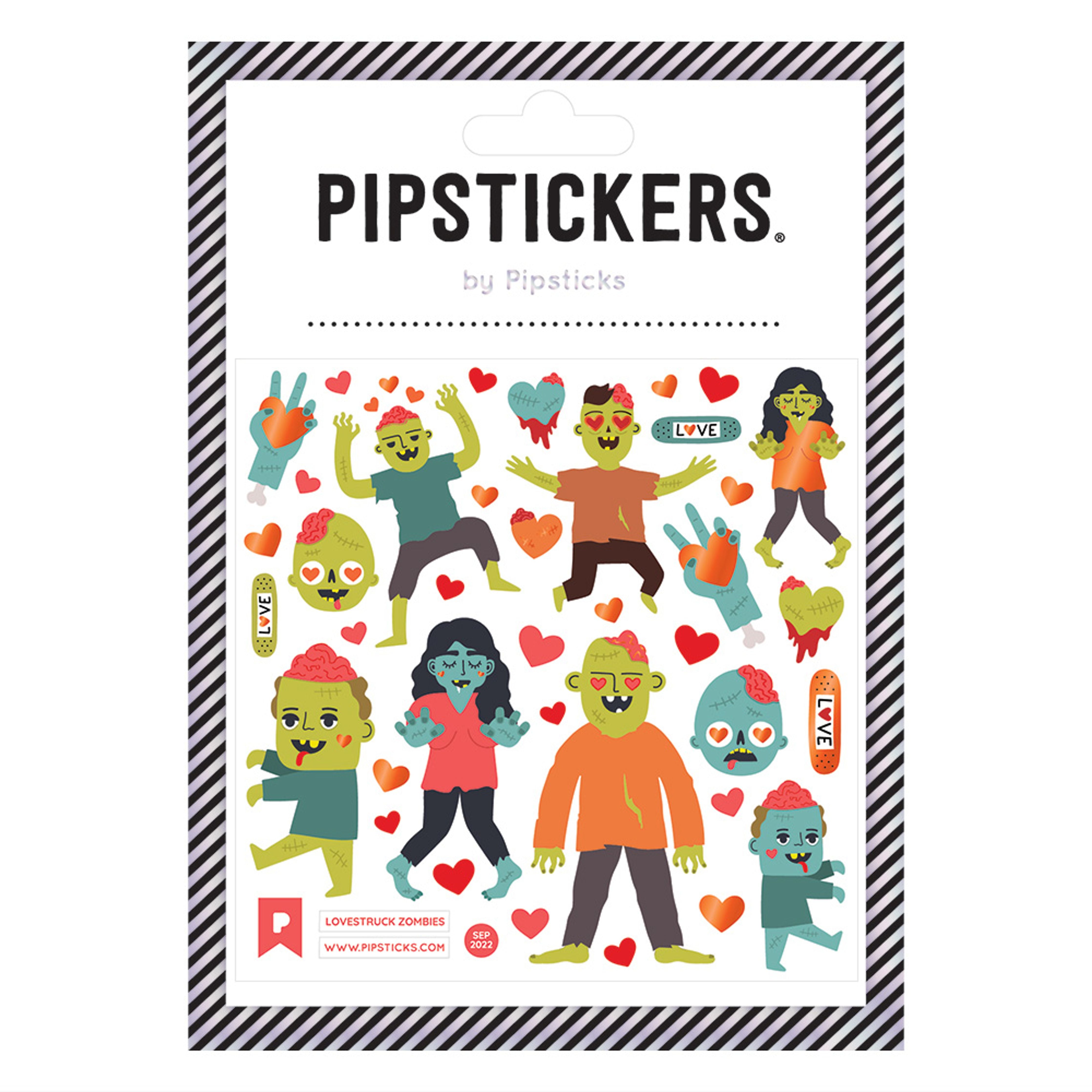 A sticker pack featuring cartoon characters: a zombie, a woman with green hair, a green man, and more, embodying Lovestruck Zombies theme.