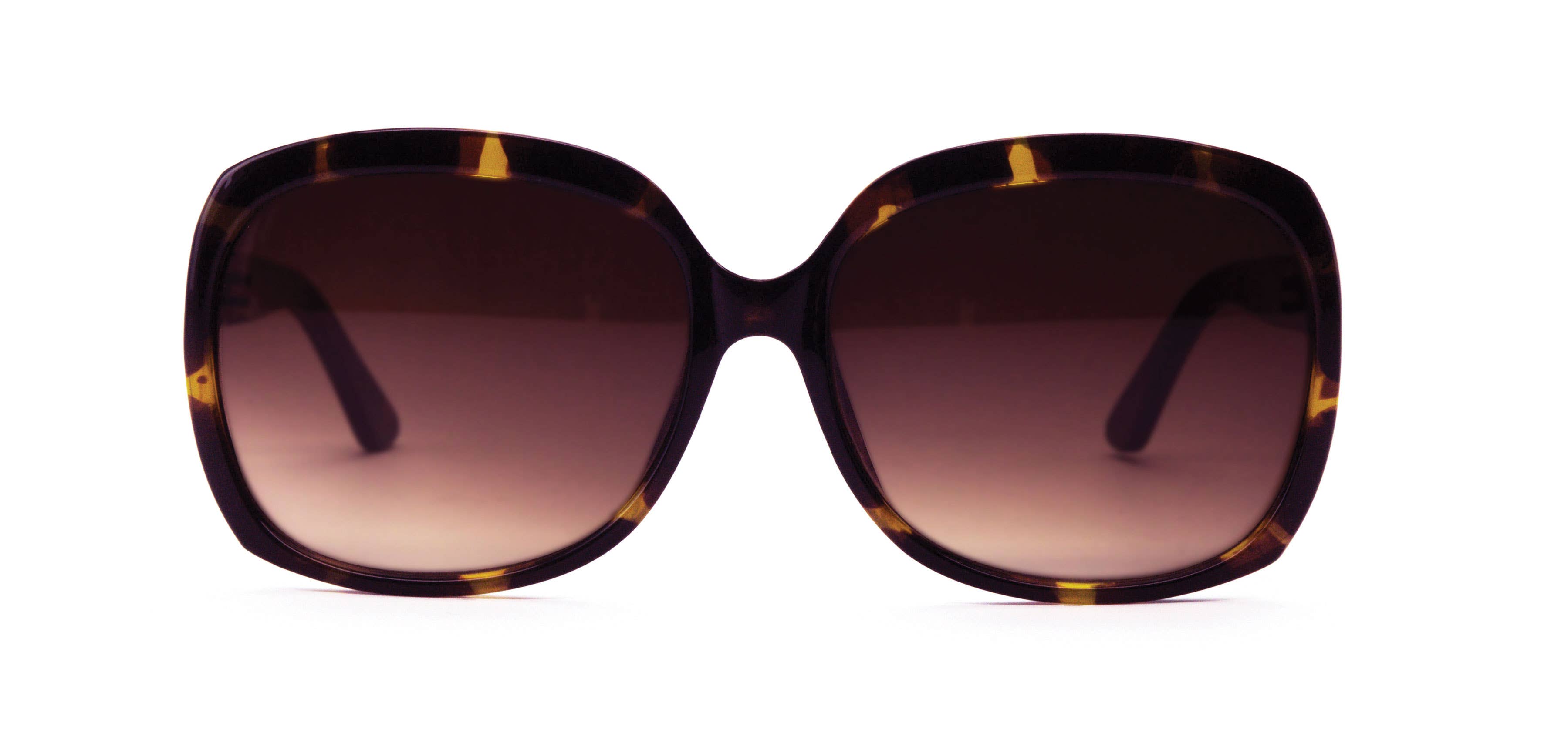 Close-up of Optimum Optical Sunglasses Open Stock, featuring 16 new styles for men and women, UV protection, durable design, and patterned microfiber cleaning case, individually boxed for convenience.