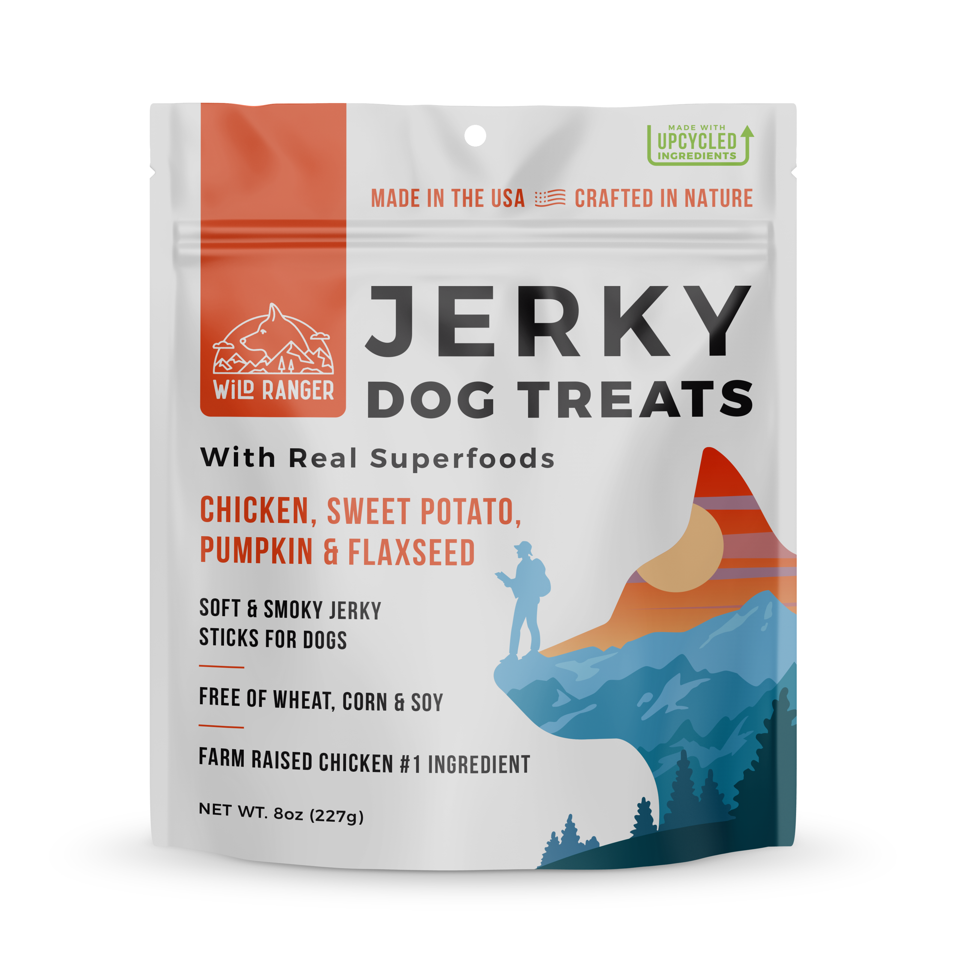 A package of Wild Ranger Chicken Jerky Dog Treats featuring a white and orange design with a logo and text. Made with real chicken, superfoods, and crafted for adventurous pups.