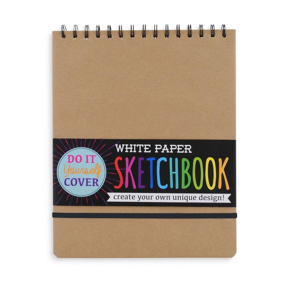 A sketchbook with a spiral bound cover, featuring a white D.I.Y. cover sketchbook. Hard bound with 75 perforated sheets, 8 x 10.5 inches, acid-free, suitable for all ages.