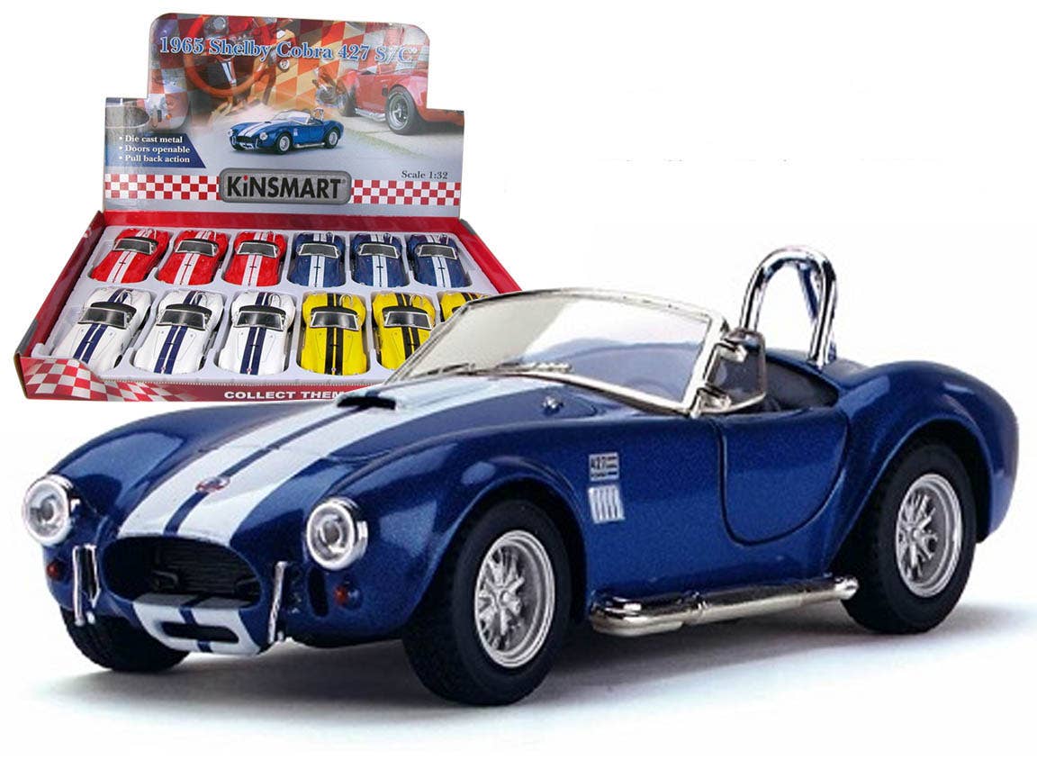 Close-up of a 5 1965 Shelby Cobra 427 S/C diecast model car with pullback motor action and opening doors.