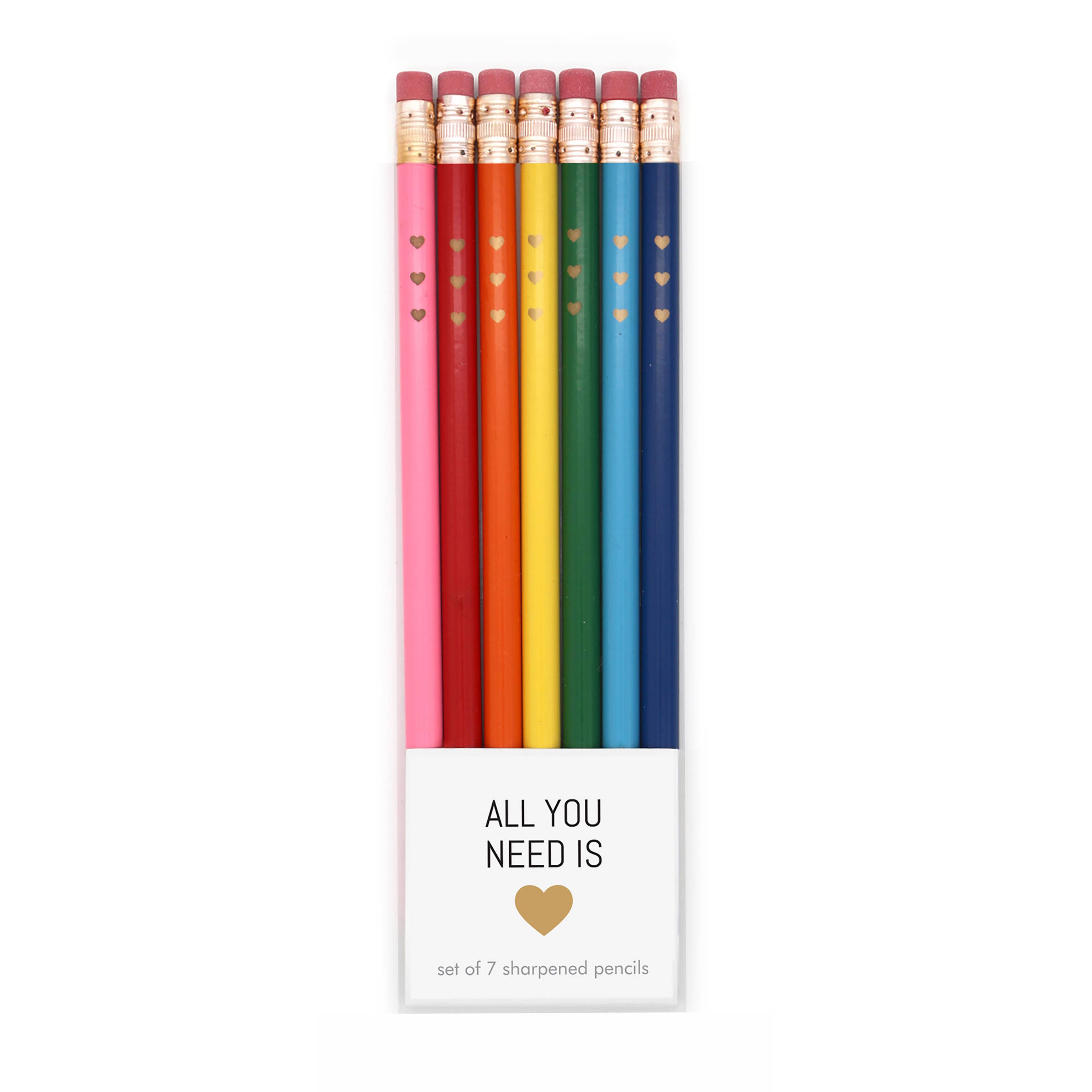 A group of sharpened #2 pencils in a box, carded in cello bag. Product title: Snifty - All You Need is Love Pencil Set.