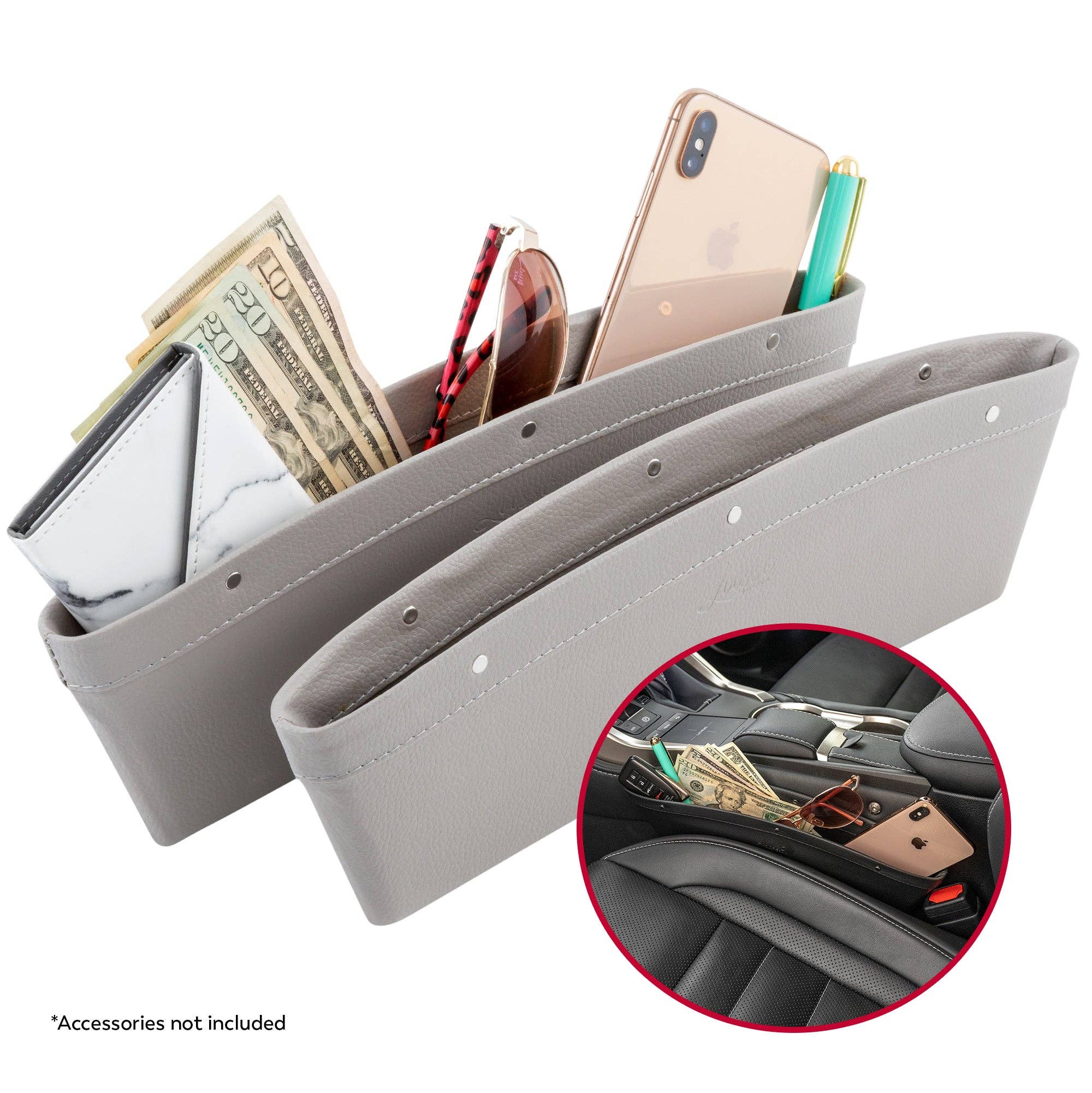 A grey car seat gap organizer with slots for phone, money, and sunglasses, preventing distractions and keeping essentials within reach while driving.