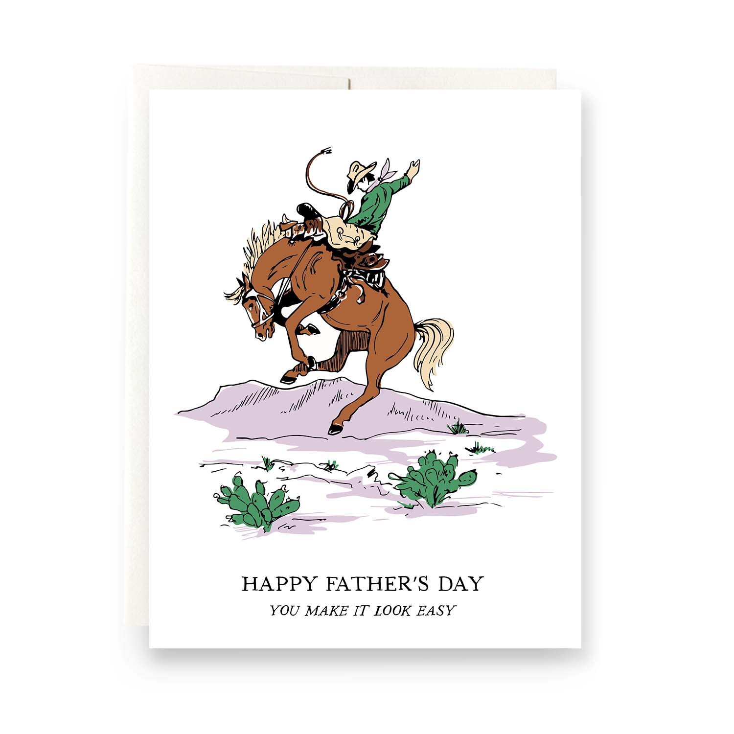 Illustration of a man riding a bucking bronc horse on an A2 folded card. Full-color, blank interior, cream envelope. Perfect for Father's Day greetings. Made in the USA.