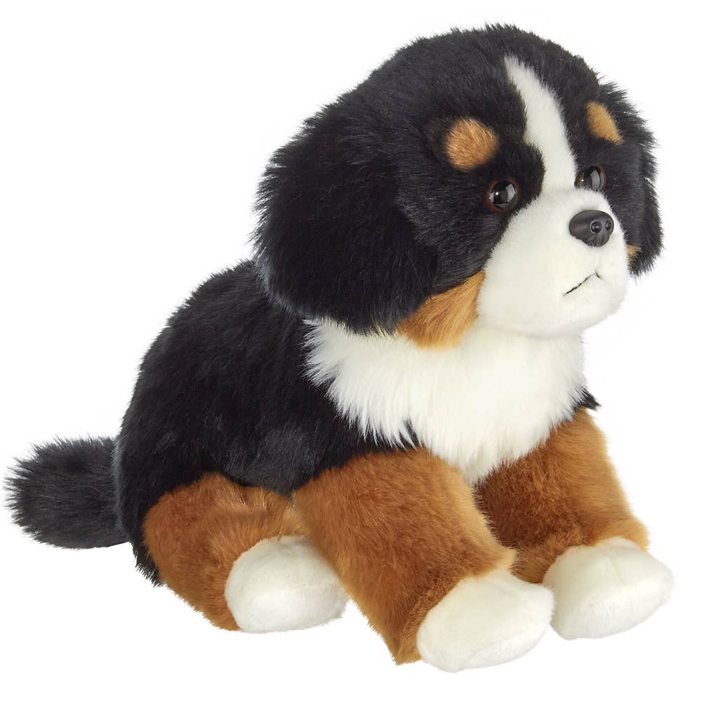 A plush stuffed dog toy named Bernie the Mountain Dog from Bearington Collection, standing at 13 inches, designed for hugging and playtime, bringing joy and smiles to children.