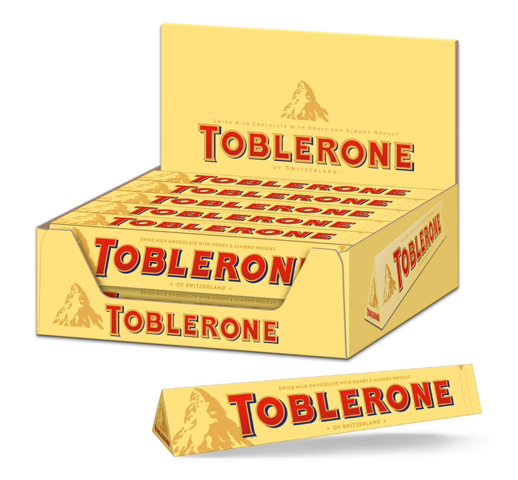 A box of Toblerone Swiss Milk Chocolate 20x100g European Import, perfect for gifting on special occasions like birthdays and anniversaries. Rich European chocolate assortment.