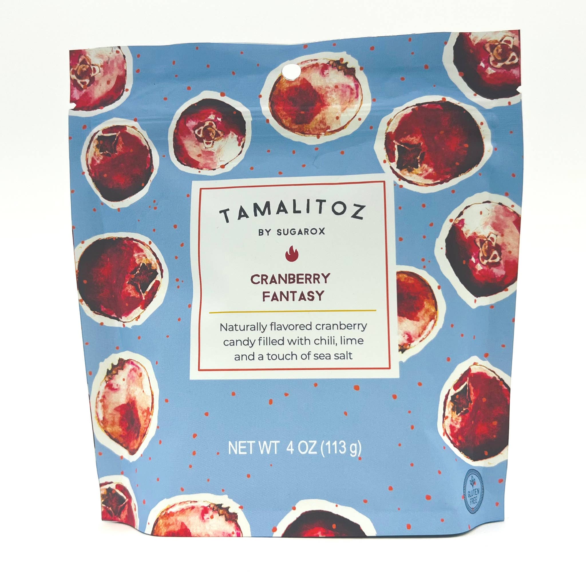 Handcrafted spicy cranberry candy by Sugarox Candy Studio LLC, featuring natural fruit flavors and vibrant packaging with red food images on a blue bag and white label.