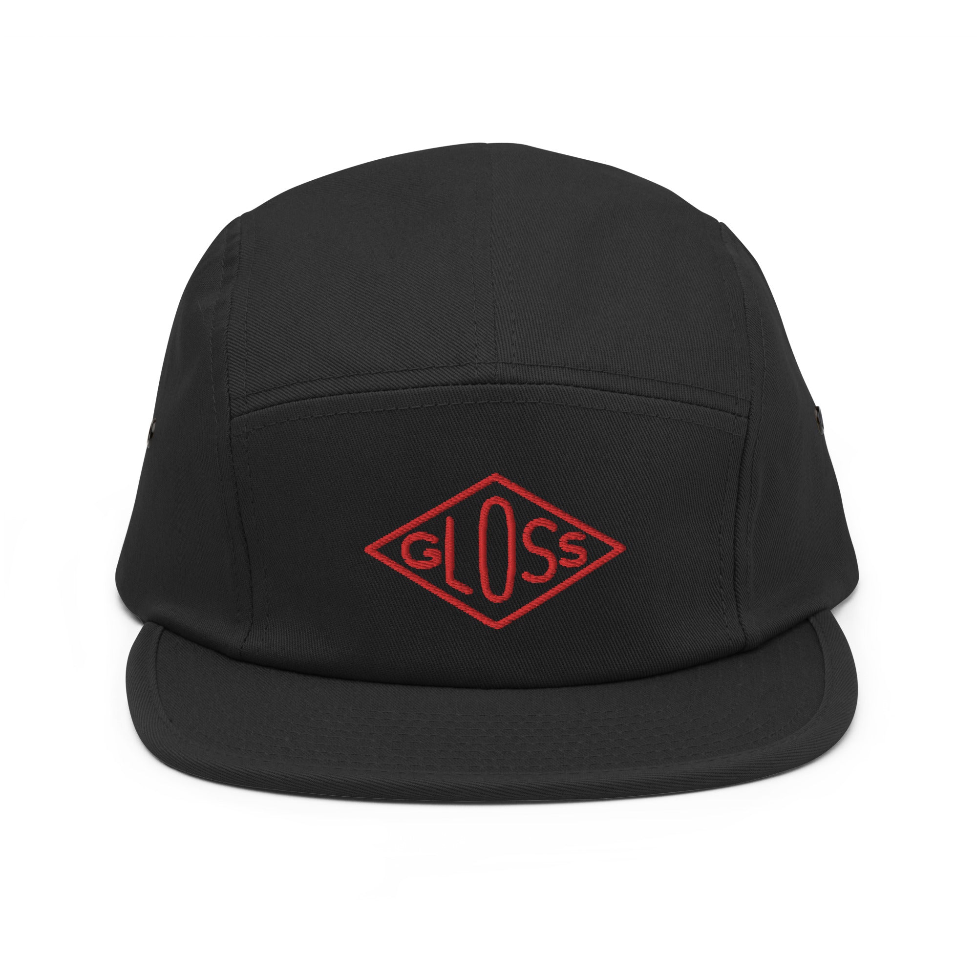 Five Panel Cap in black with red logo, featuring a low profile and nylon strap clip closure. 100% cotton, soft-structured, metal eyelets for a comfortable and classic look.