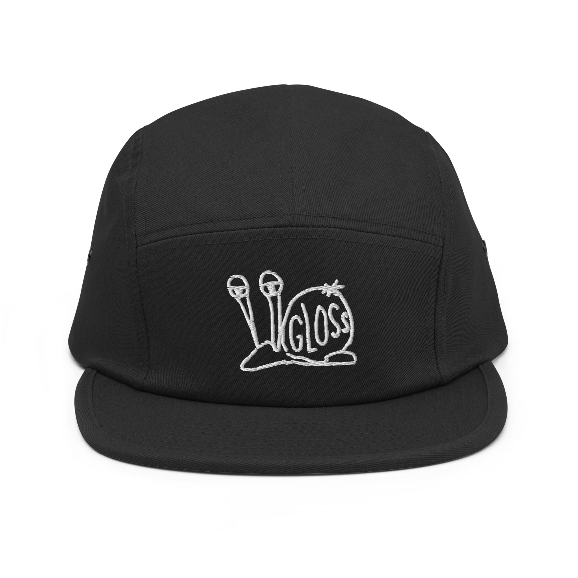 Black five panel cap with white text embroidery. Low profile, 100% cotton, soft-structured with metal eyelets and nylon strap clip closure. Classic and comfortable.