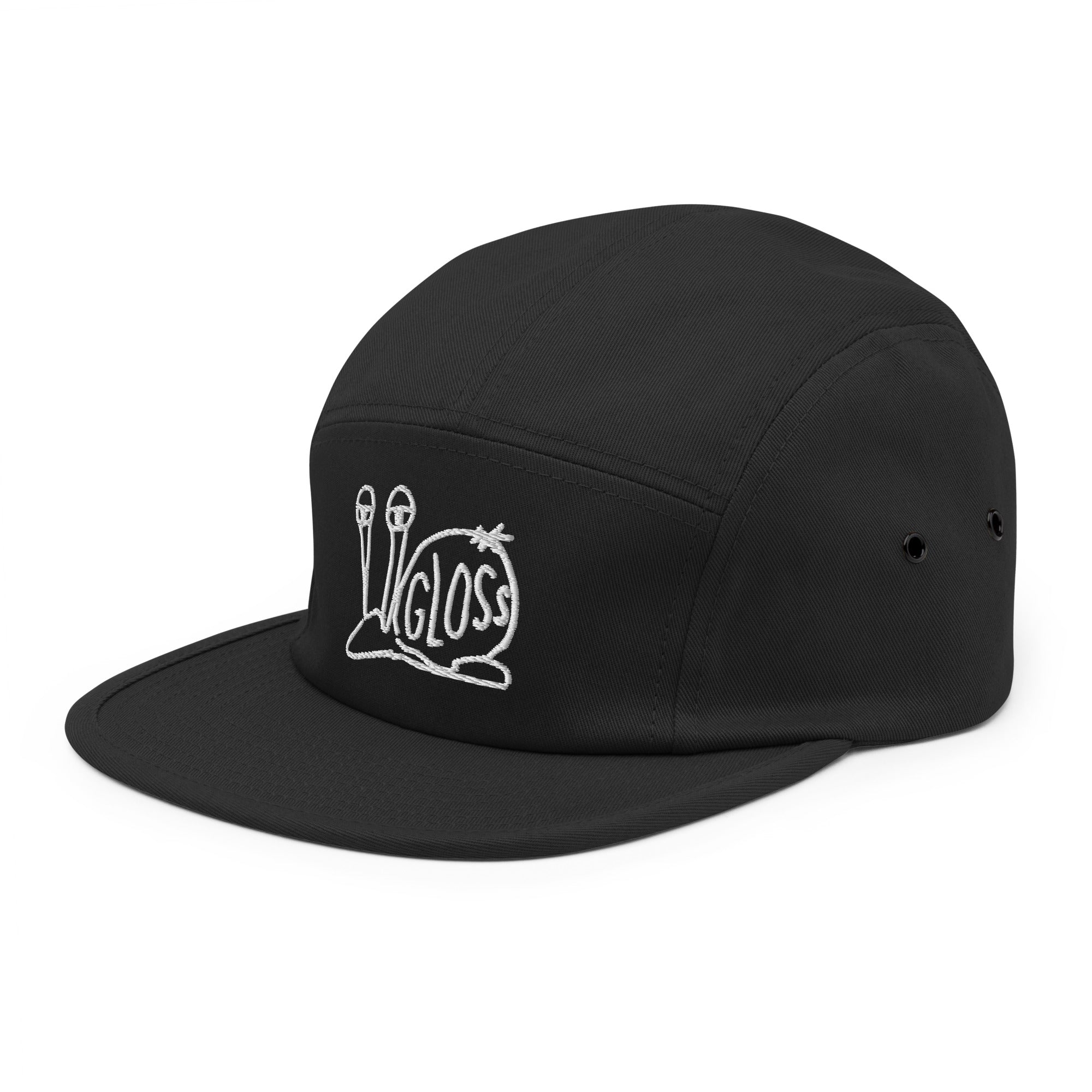 A classic Five Panel Cap in black with white text embroidery. Low profile, nylon strap clip closure, soft-structured, 100% cotton. Metal eyelets for a timeless look.