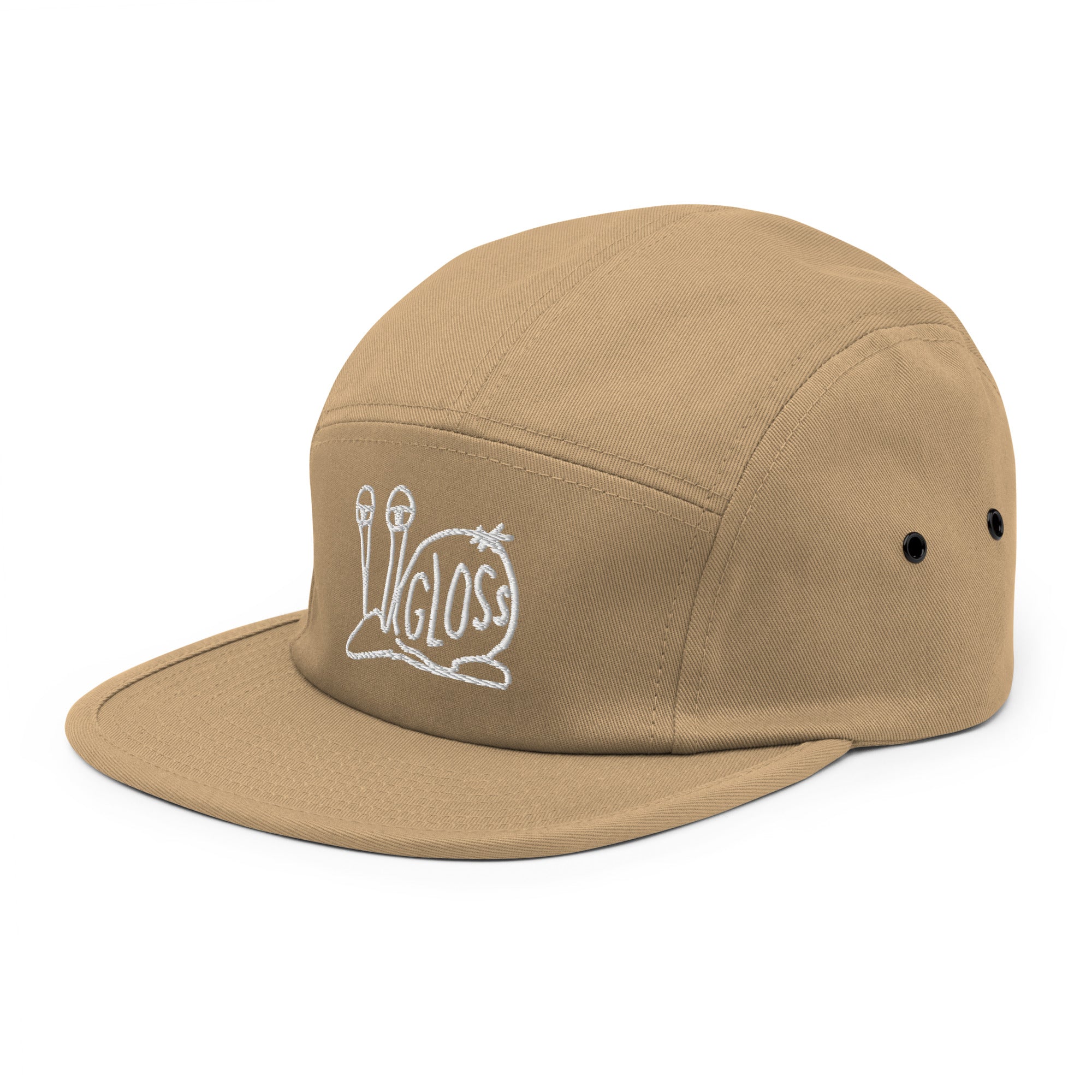 A classic Five Panel Cap in brown with a logo, featuring a low profile and nylon strap clip closure. Made of 100% cotton with metal eyelets for a comfortable fit.