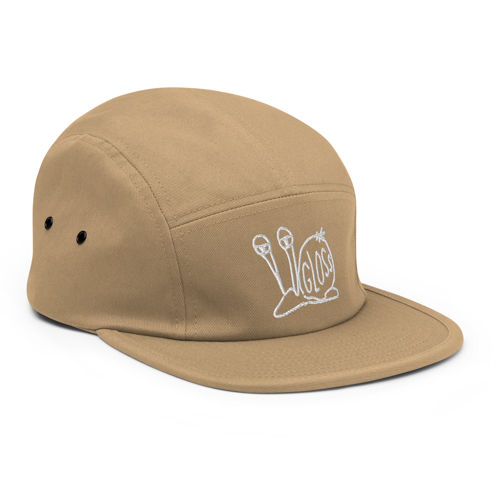 A classic Five Panel Cap in brown with white design and a snail motif. Features a low profile, 100% cotton, metal eyelets, and nylon strap clip closure.