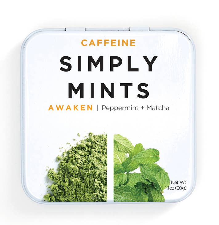 Simply Gum - Simply Mints: Awaken (Caffeine Mints) in a 2.5 x 2.5 x 0.75 white box with green powder and mint leaves. Contains 360 mg Caffeine, equivalent to 4 cups of coffee.