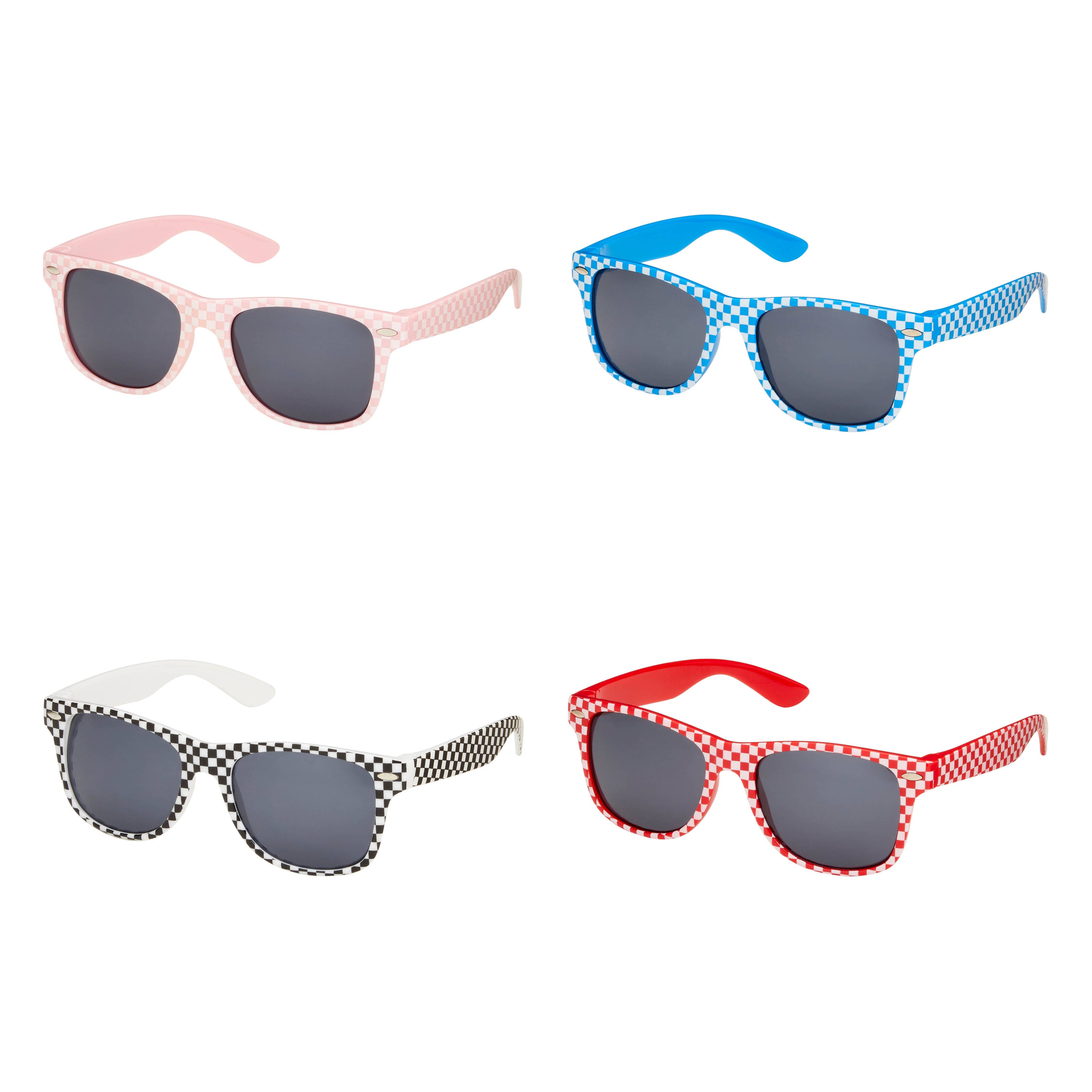 A group of kids' sunglasses: blue and white, red and white checkered, pink and white checkered, black and white checkered, and more. Assorted styles for fun and trendy children's eyewear.