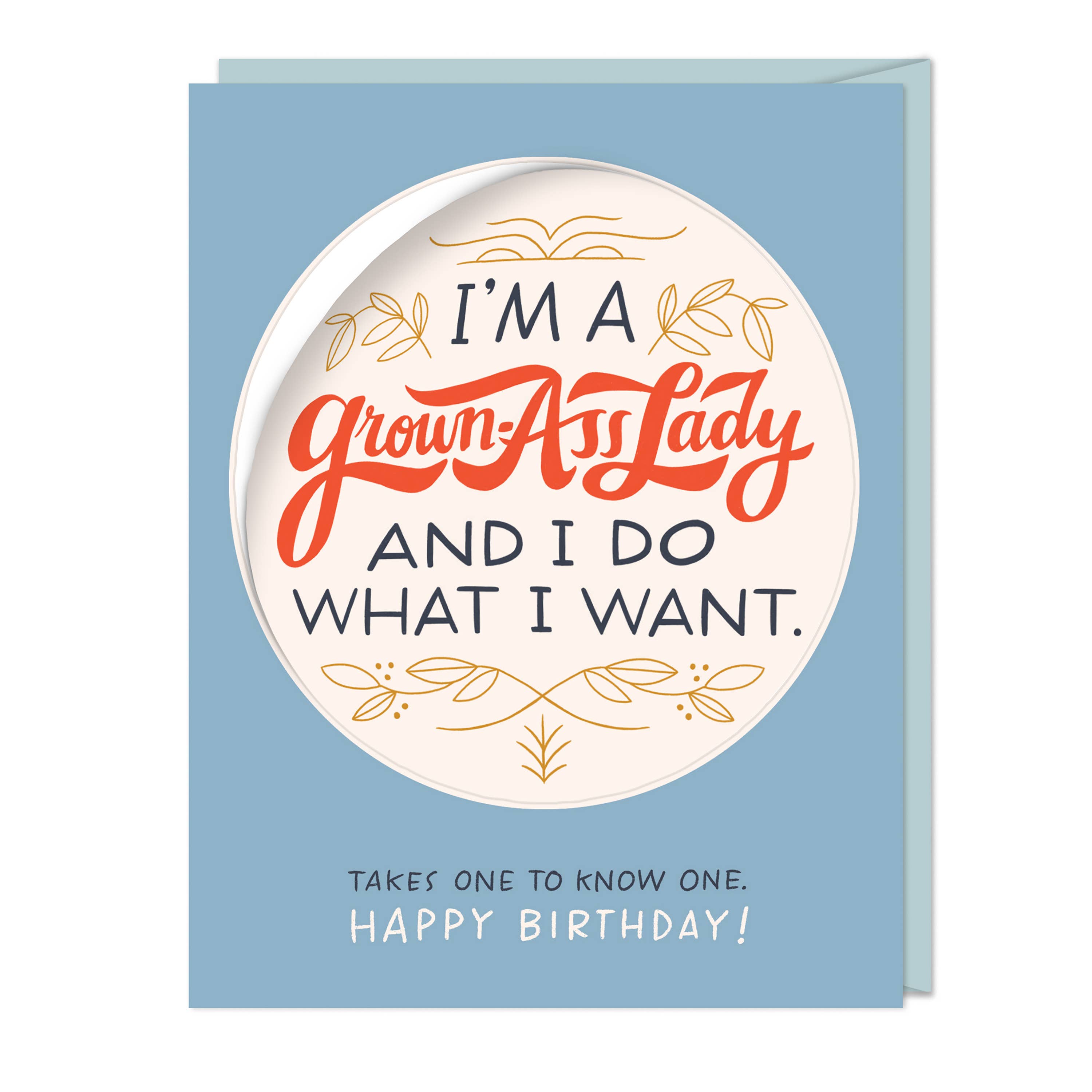 A sticker card featuring I’m a Grown-Ass Lady Birthday design for women. Versatile for various uses. Empowering message, blank inside, 4.25 x 5.5 inches card, 3.7 x 3.8 inches sticker.