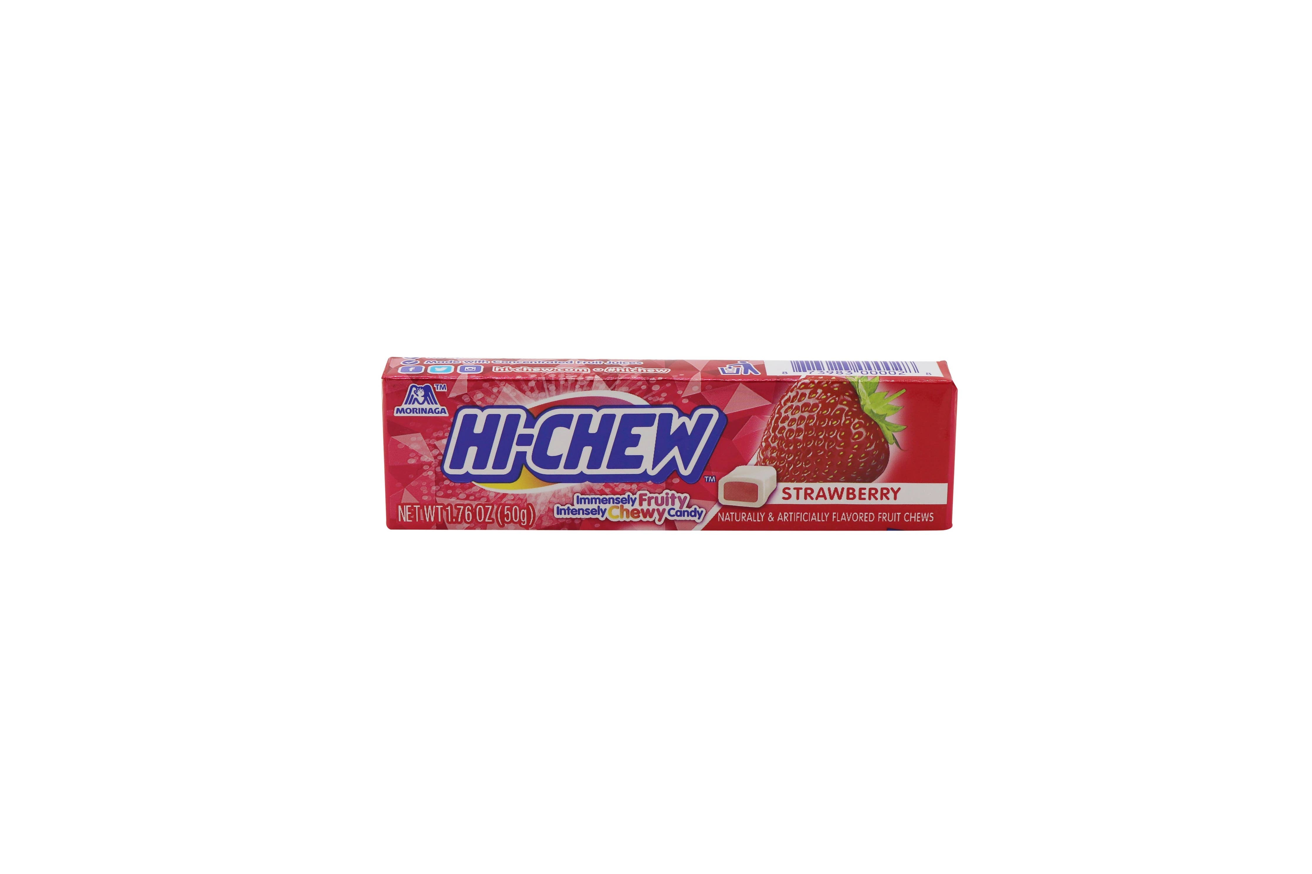 Juicy Hi-Chew Candy Strawberry Flavored, 15ct, showcased in a red package with a logo and strawberry close-ups. Delicious taffy with long-lasting flavor.