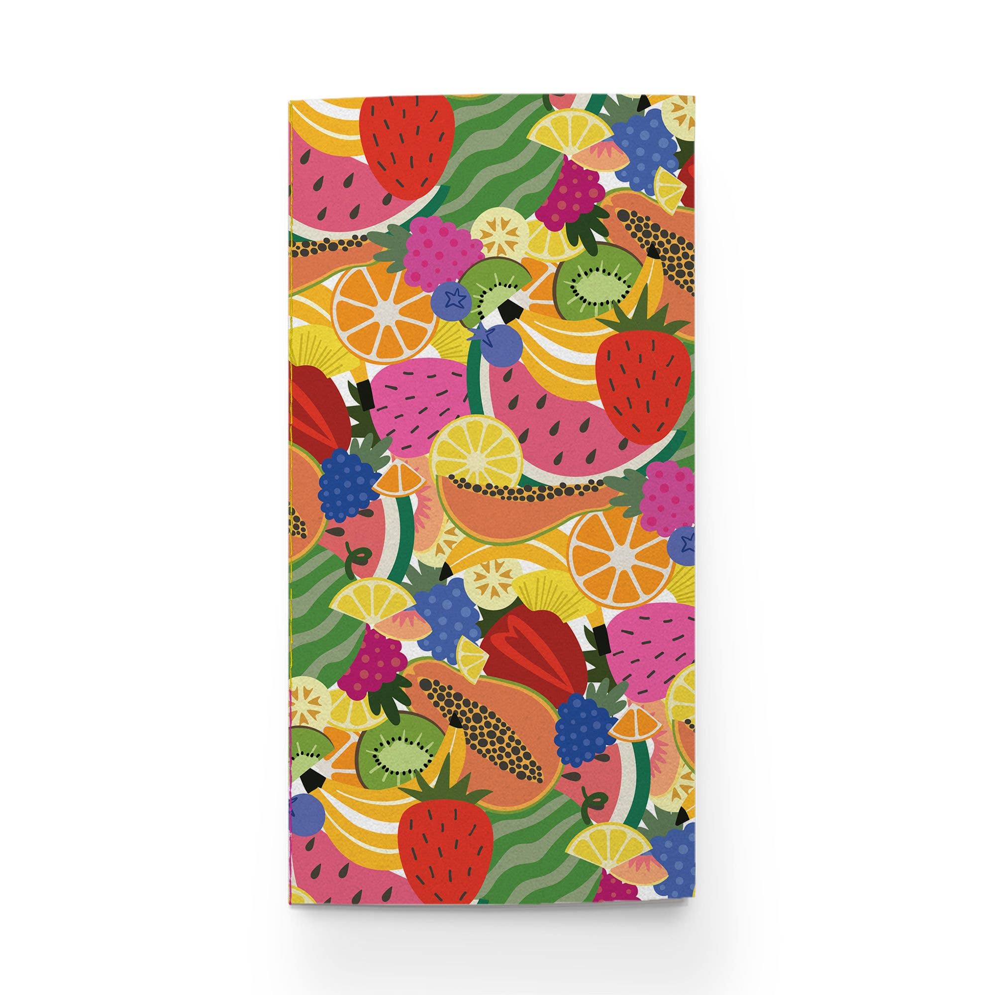 A lined Pipsticks traveler's notebook titled It's All Ripe with fruit pattern cover. Perfect for journaling and scrapbooking, fits standard traveler's notebook cases. Dimensions 4.33 x 8.25, 48 pages included.