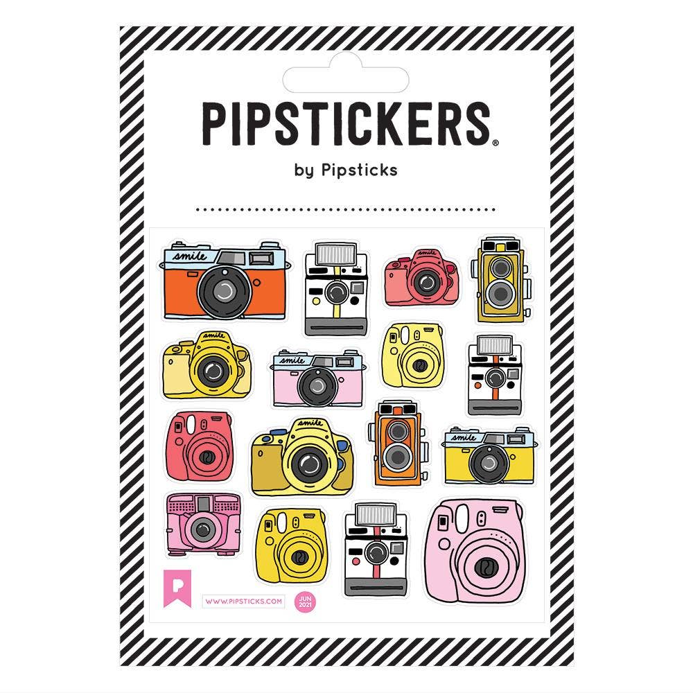 A sheet of PipStickers featuring unique wood-free paper designs with fuzzy camera accents on a clear backing. Includes the Pipsticks manifesto.