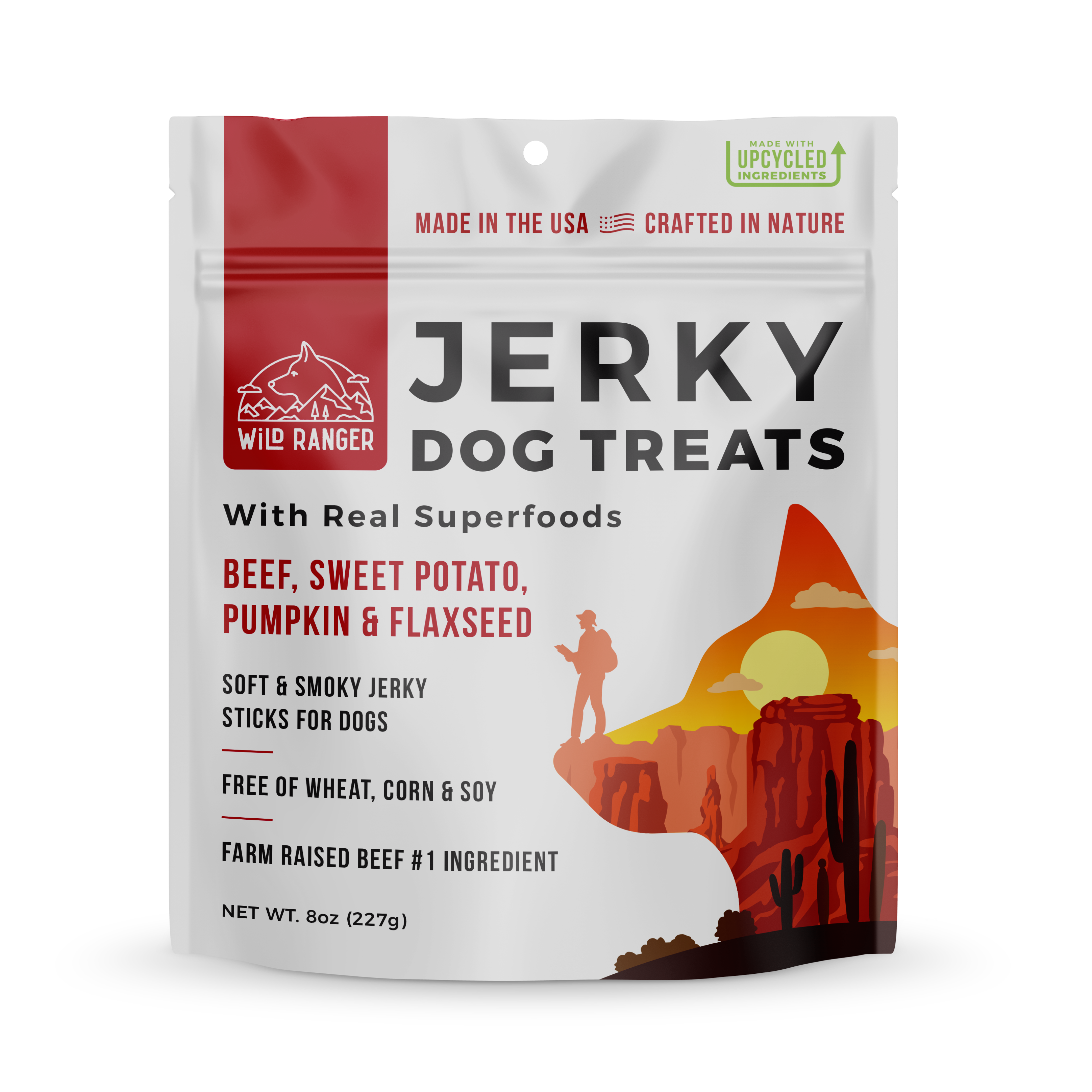 A package of Wild Ranger Beef Jerky Dog Treats featuring real USDA beef, superfoods like sweet potato and blueberries, and made in the USA.