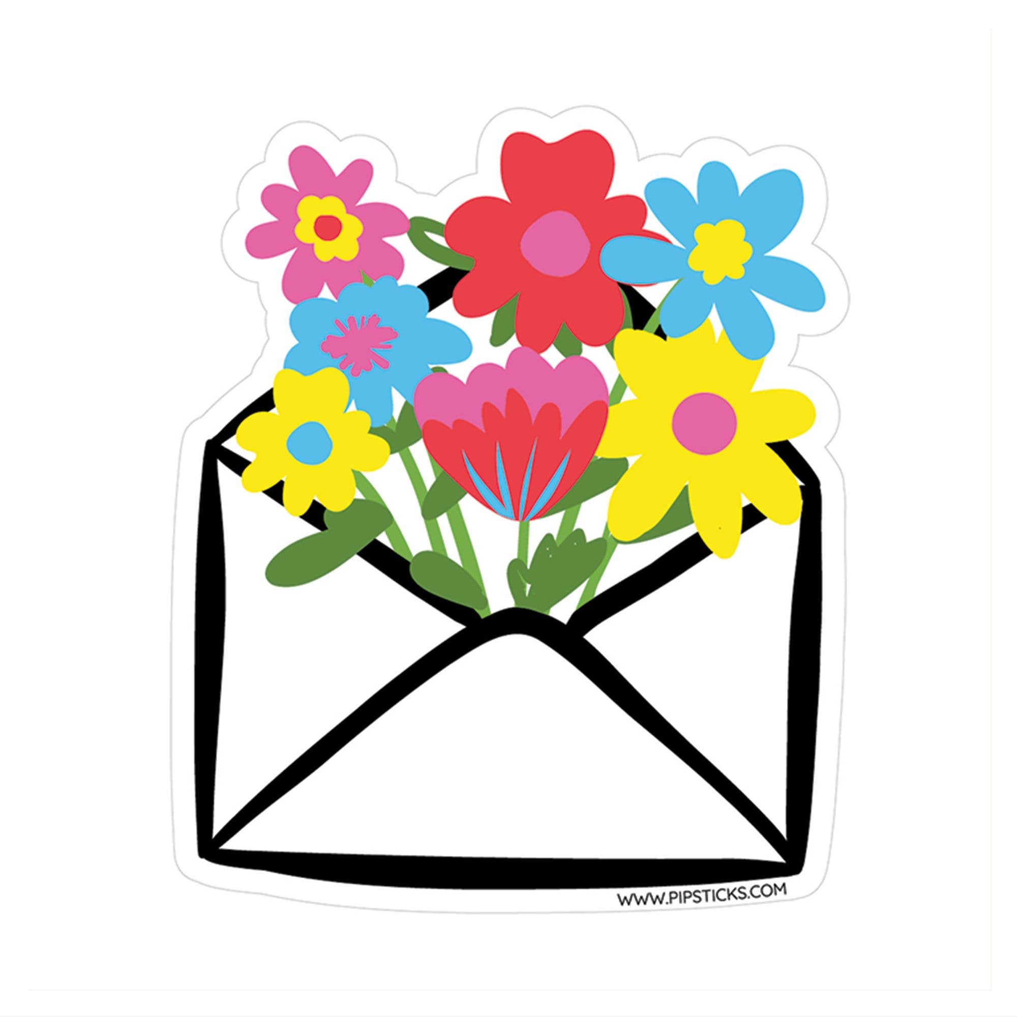 A close-up drawing of Colorful Correspondence Vinyl Sticker featuring vibrant flowers in an envelope. Unique, water & UV resistant design. Perfect for sticker lovers.