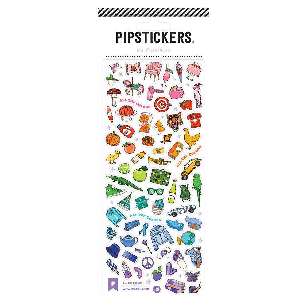 A sticker sheet featuring various cartoon objects and items, including unique PVC designs with holographic silver foil accents on a clear backing. Includes the All The Colors PipStickers and the Pipsticks manifesto.