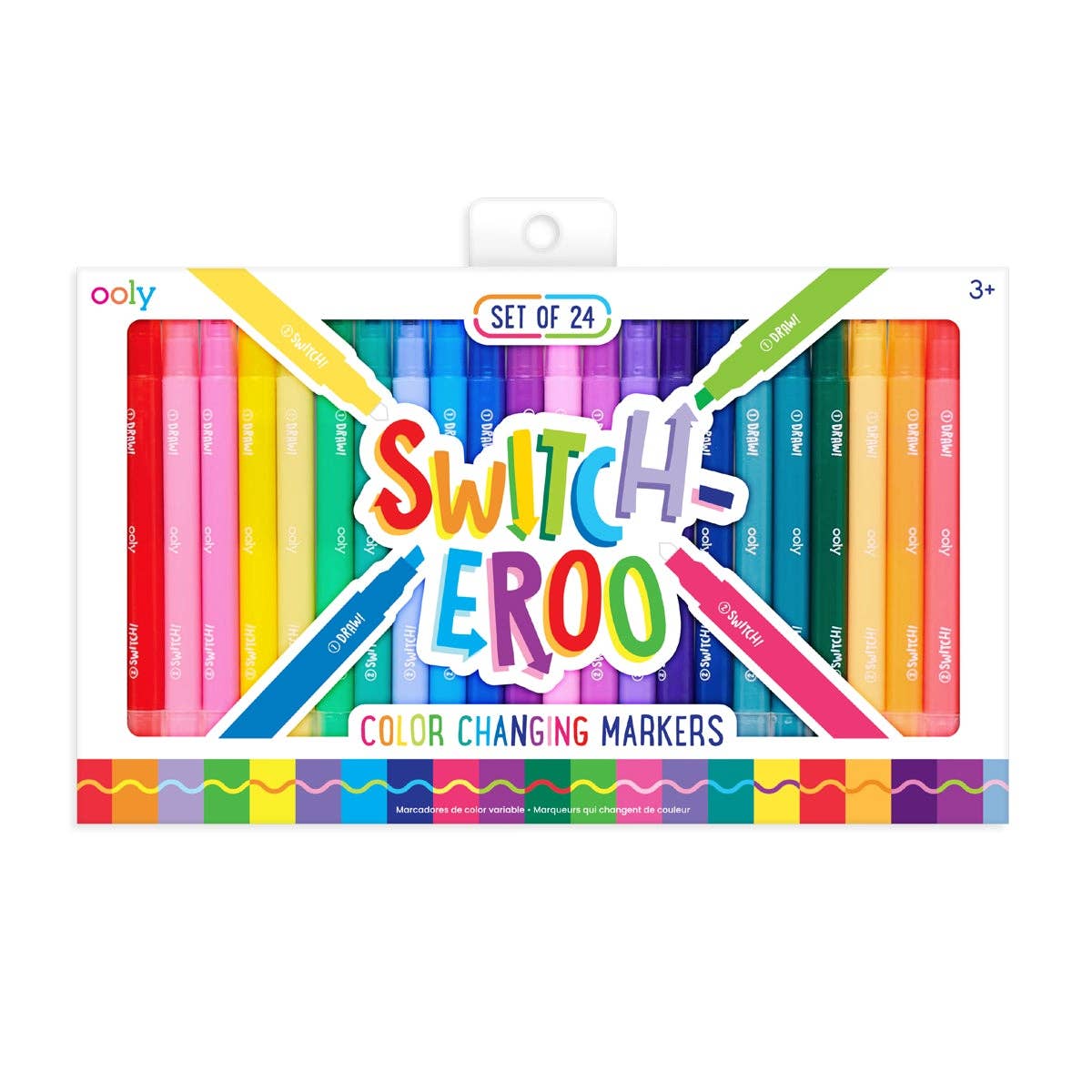 A box of 24 OOLY Switch-eroo! Color-Changing Markers with chiseled tips for versatile strokes. Set includes activity book, stickers, stacking crayons, and zipper pouch. Ideal for creative surprises and ages 3+.