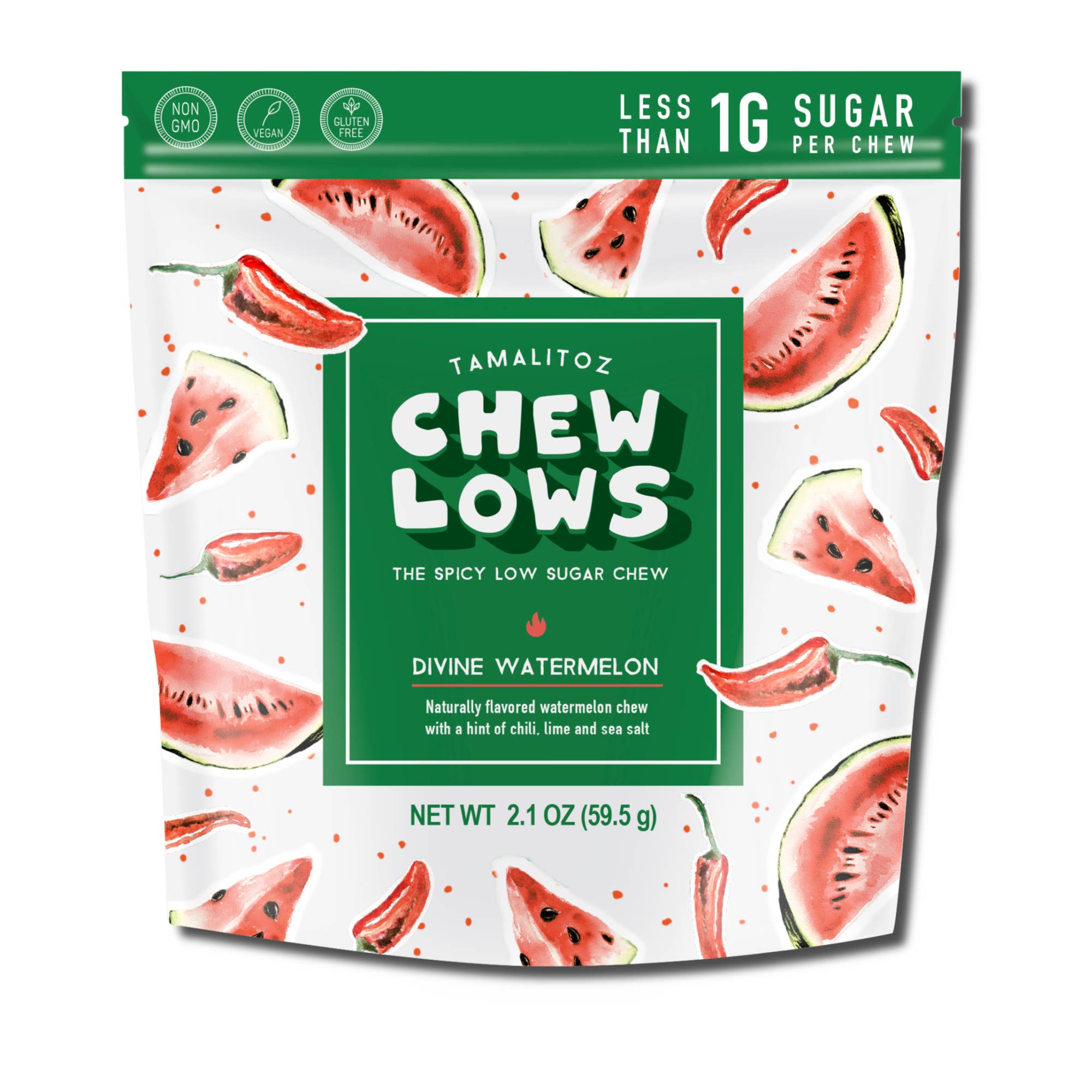 A package of Watermelon Tamalitoz ChewLows candy with a watermelon pattern label, vegan, non-GMO, gluten-free, and sweetened with MonkFruit concentrate.