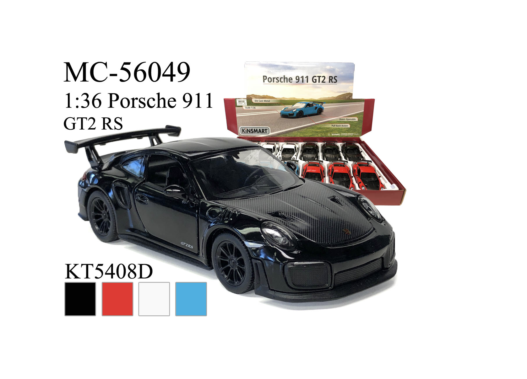 A black toy car, Porsche 911 GT2 RS, displayed with a box of cars. Ideal for kids and adults, comes in a box of 12 units. Ship within 2-4 days.