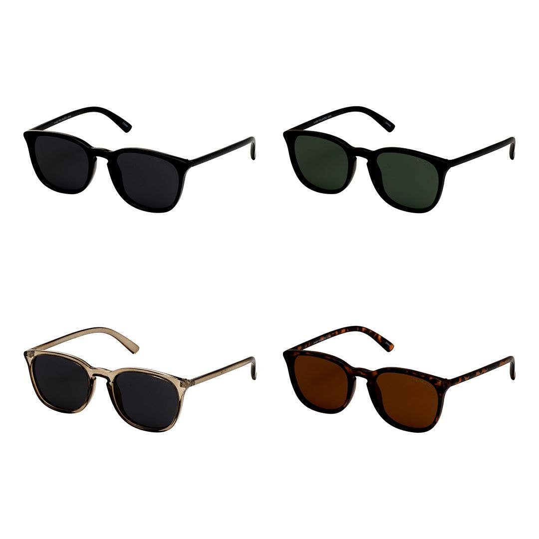 Blue Gem Sunglasses Inc - 7908 Polarized Collection - Assorted Colors | 6PC Minimum. Close-up of sunglasses with green lenses and thin black frame, showcasing 100% UVA/UVB polarized lenses.