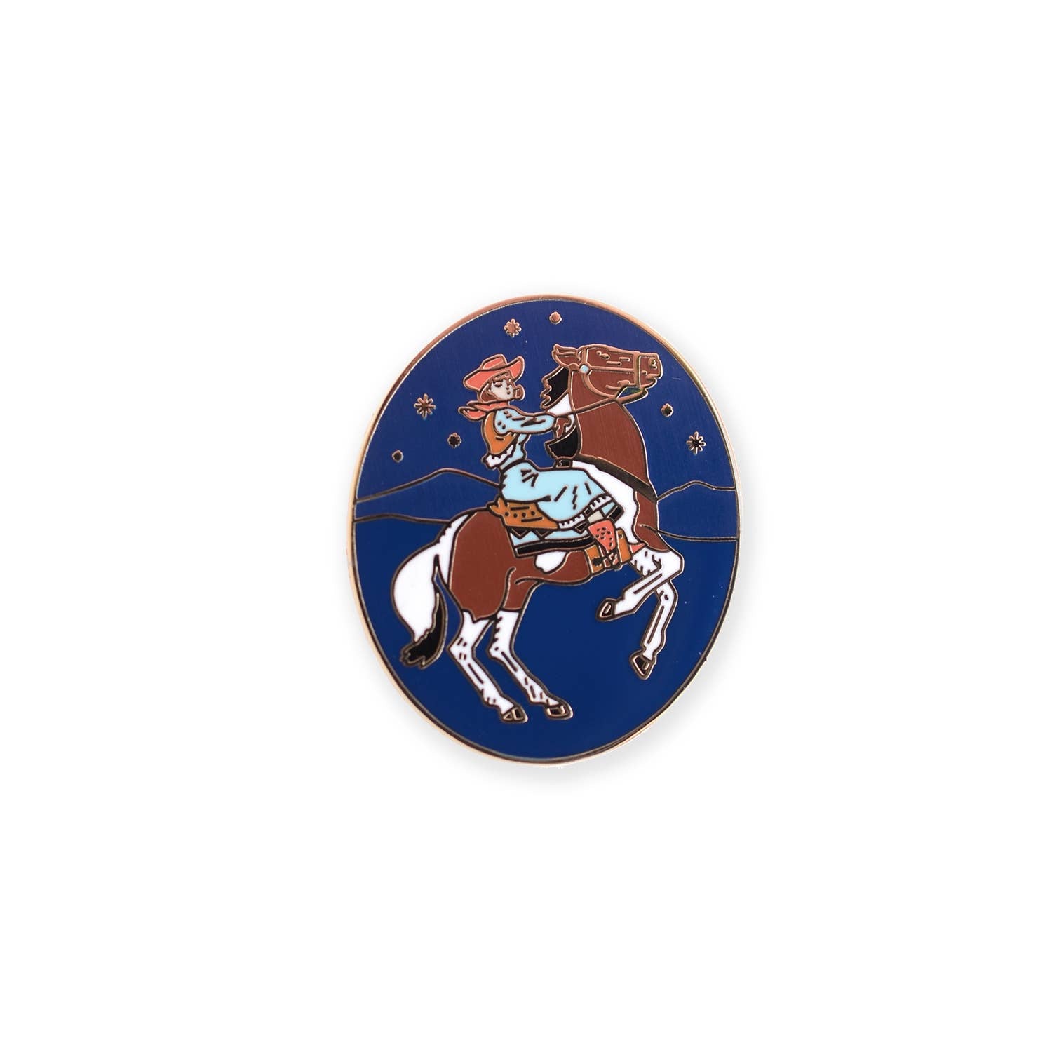 Enamel lapel pin featuring a cowgirl riding a horse emblem in blue and white. Polished gold plated with glossy hard enamel, butterfly clutch backer, packaged on illustrated card. Measures 1 x 1 1/8.