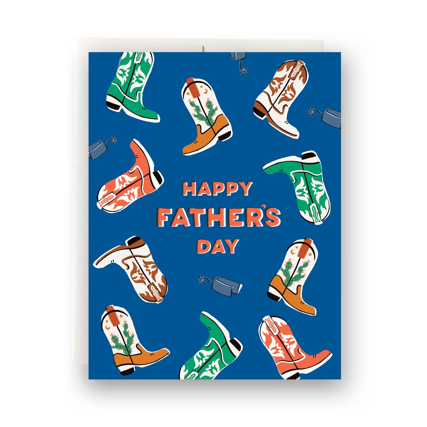 A Father's Day greeting card featuring cowboy boots, a close-up of a boot, and a boot with cactus, on a graphic design card. Made in the USA.