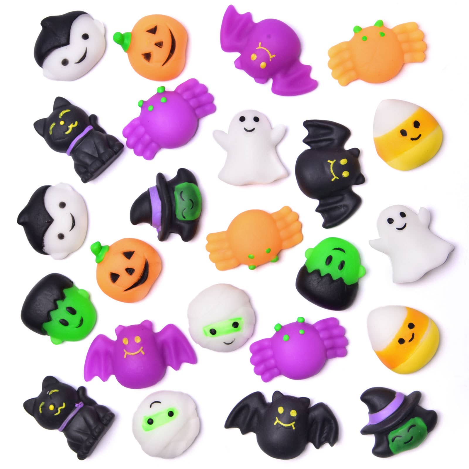 A group of Halloween Mochi Squishy Toys featuring purple bat, white ghost, black cat, and bat designs. Safe, durable, and perfect for fidget fun.