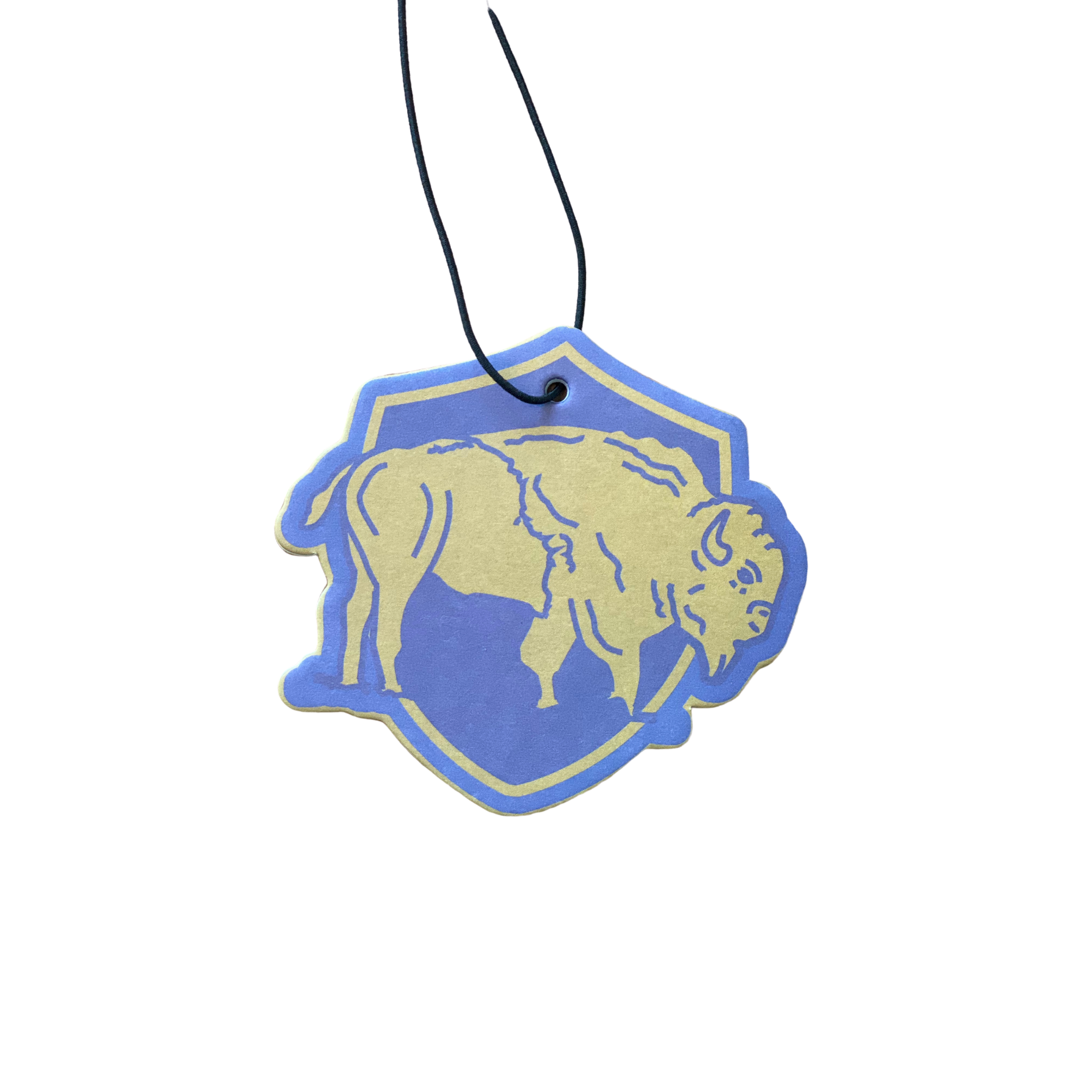 Child-like sketch of a blue tag with a buffalo design, representing Good & Well Supply Co.'s Yellowstone Air Freshener. Handcrafted for car interiors with scents inspired by national parks.