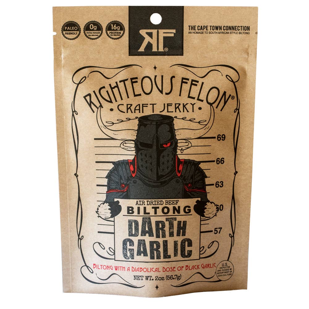 A 2oz package of Darth Garlic Biltong, part of Righteous Felon's R&D Program, featuring a black bag with a person illustration and a black mask with red eyes.