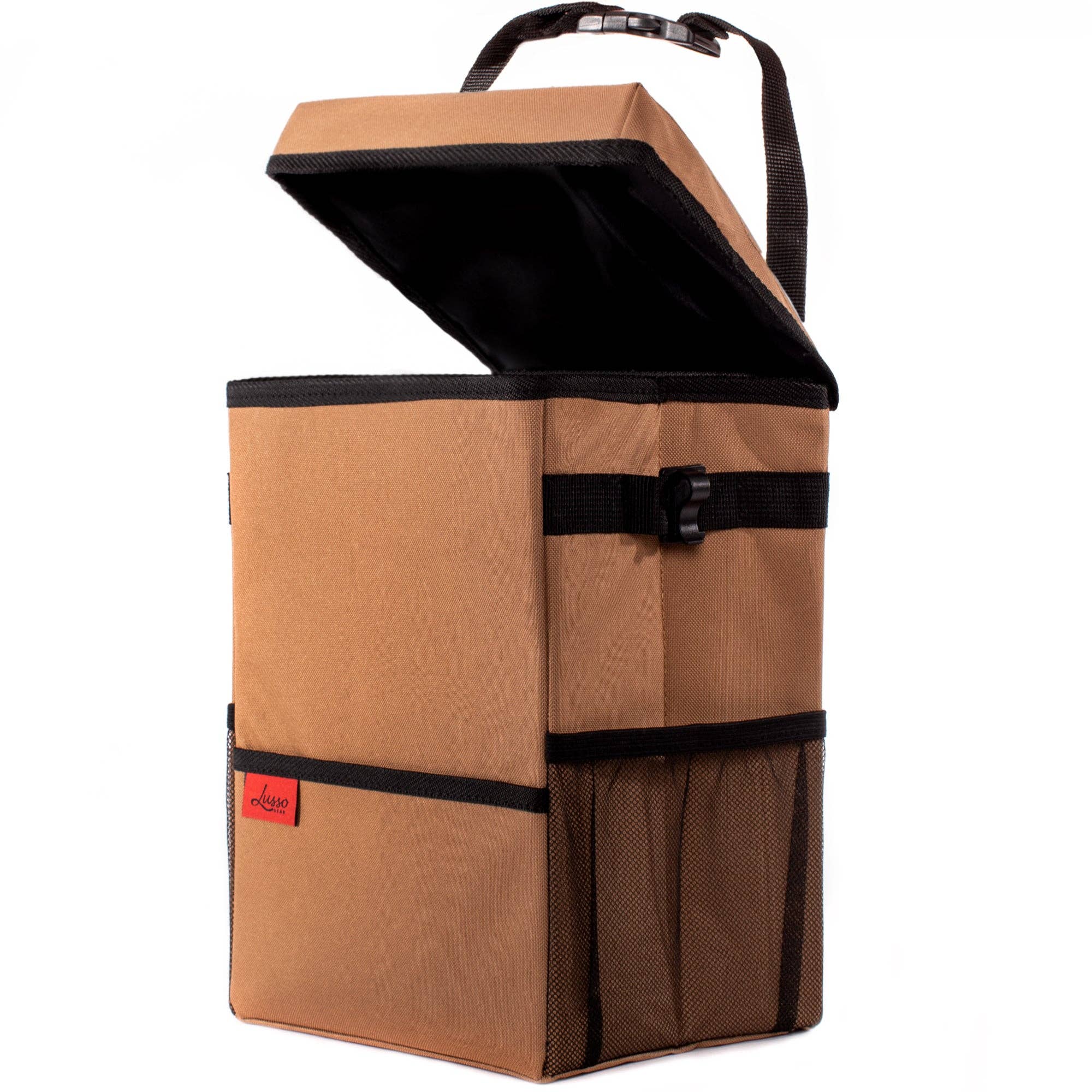 A sturdy XL car trash can in rugged Oxford fabric with reinforced sides and bottom, ensuring durability and easy cleaning for a mess-free car.