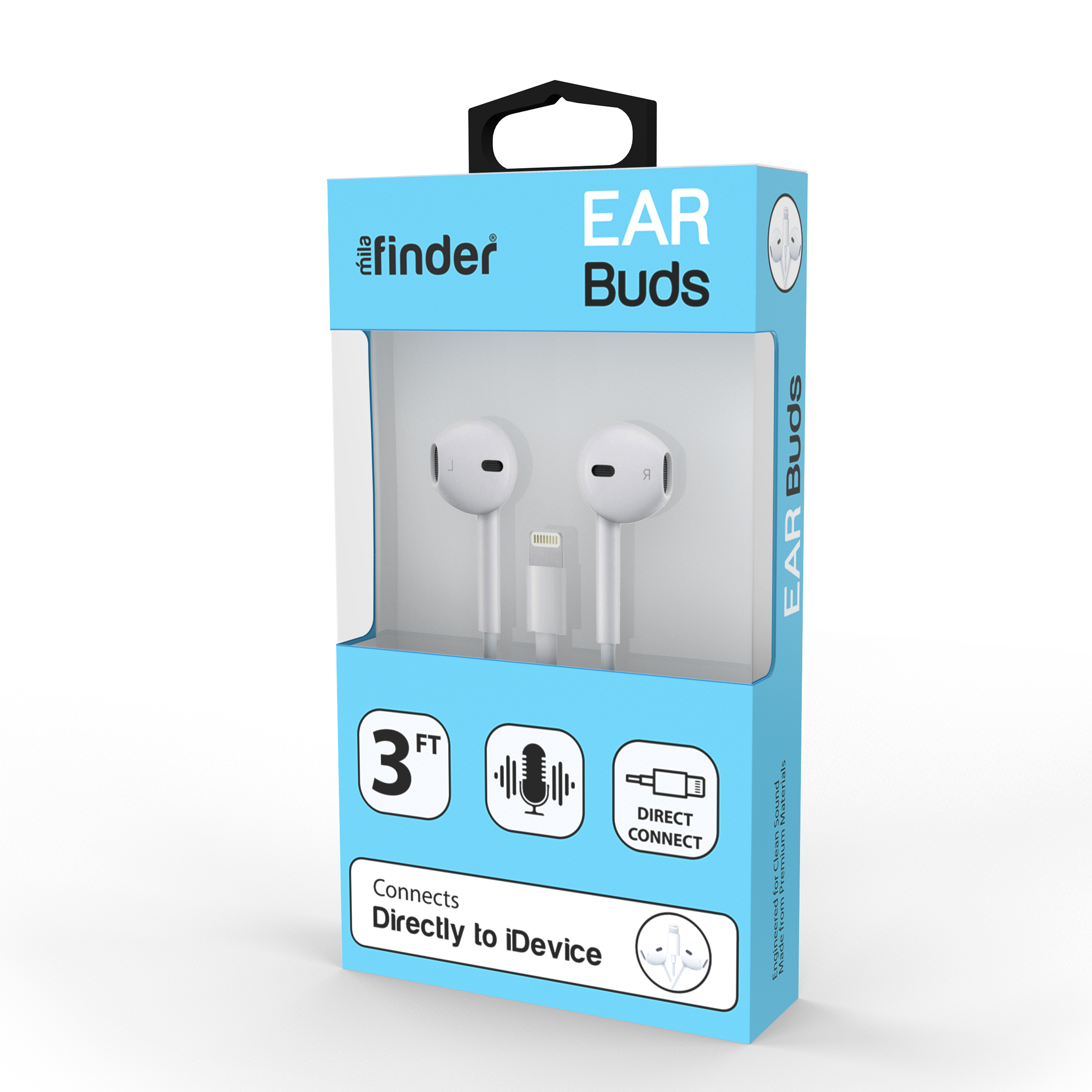 iDevice Earbuds in white, volume control, and microphone. Individually packaged with hang tag for display. Tested for quality by Mila Lifestyle Accessories.