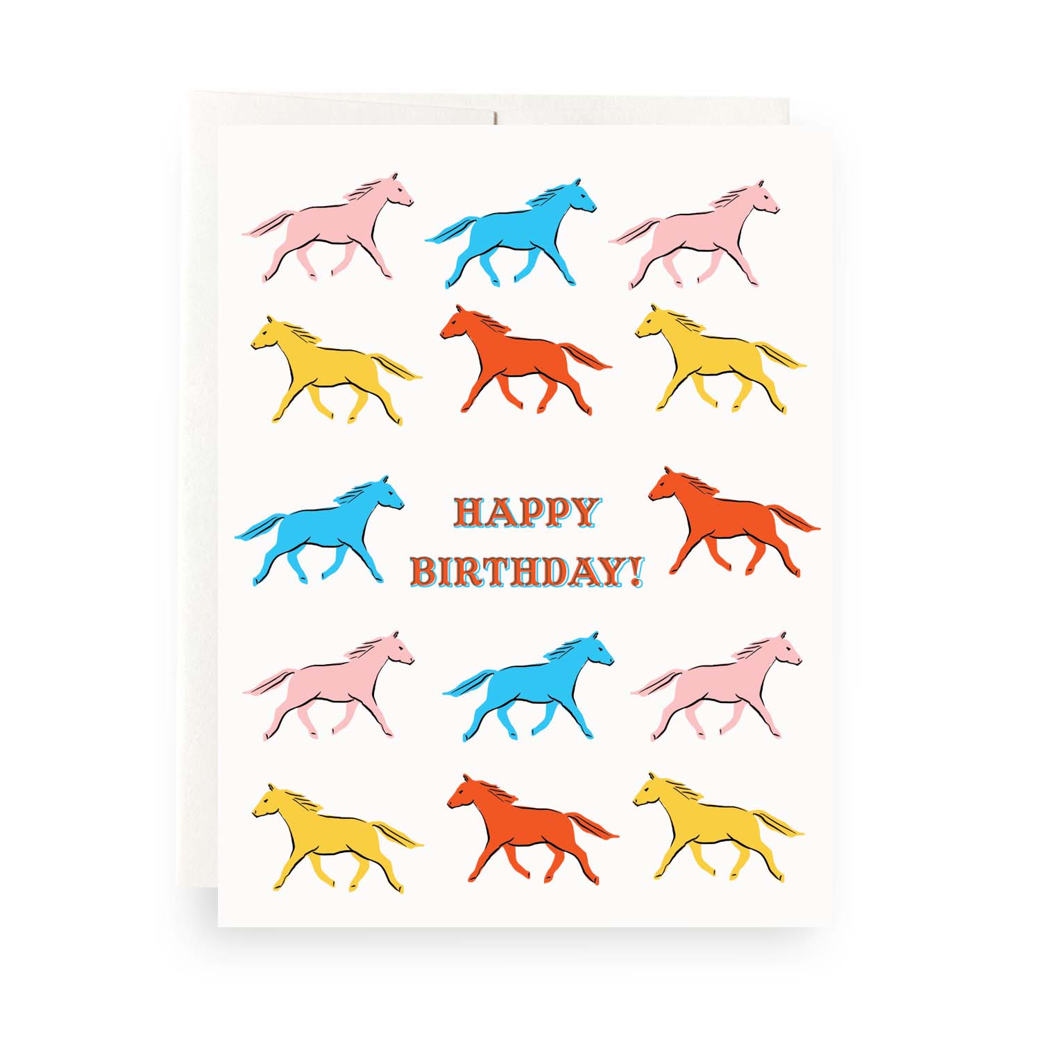 A birthday greeting card featuring charming horse illustrations on colored cardstock, with a blank interior and a cream envelope. Made in the USA.