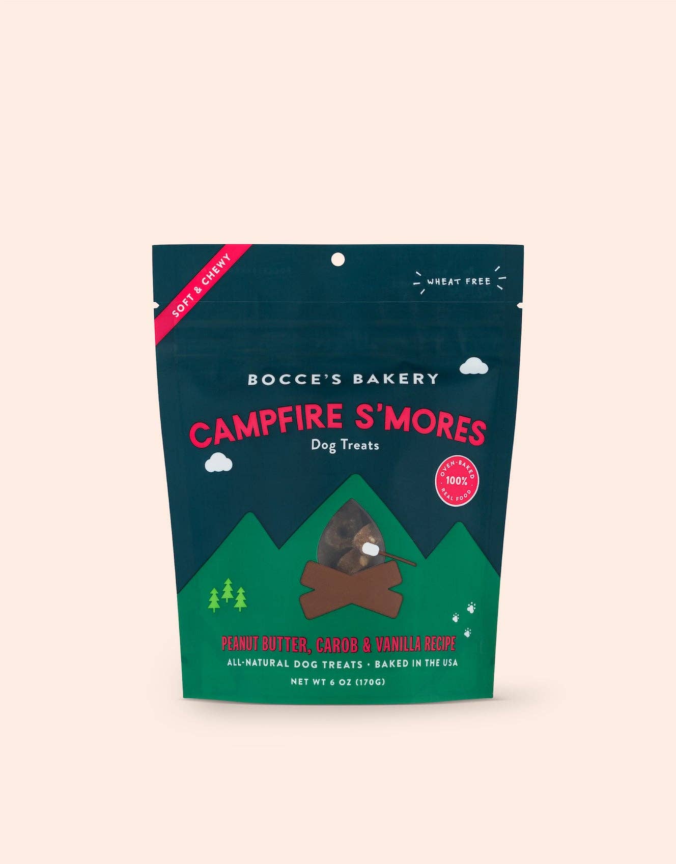 A bag of Campfire S'mores Soft & Chewy Dog Treats, featuring peanut butter, carob, and vanilla flavors. Made with real ingredients in the USA. Wheat-free and irresistibly delicious for your pup!