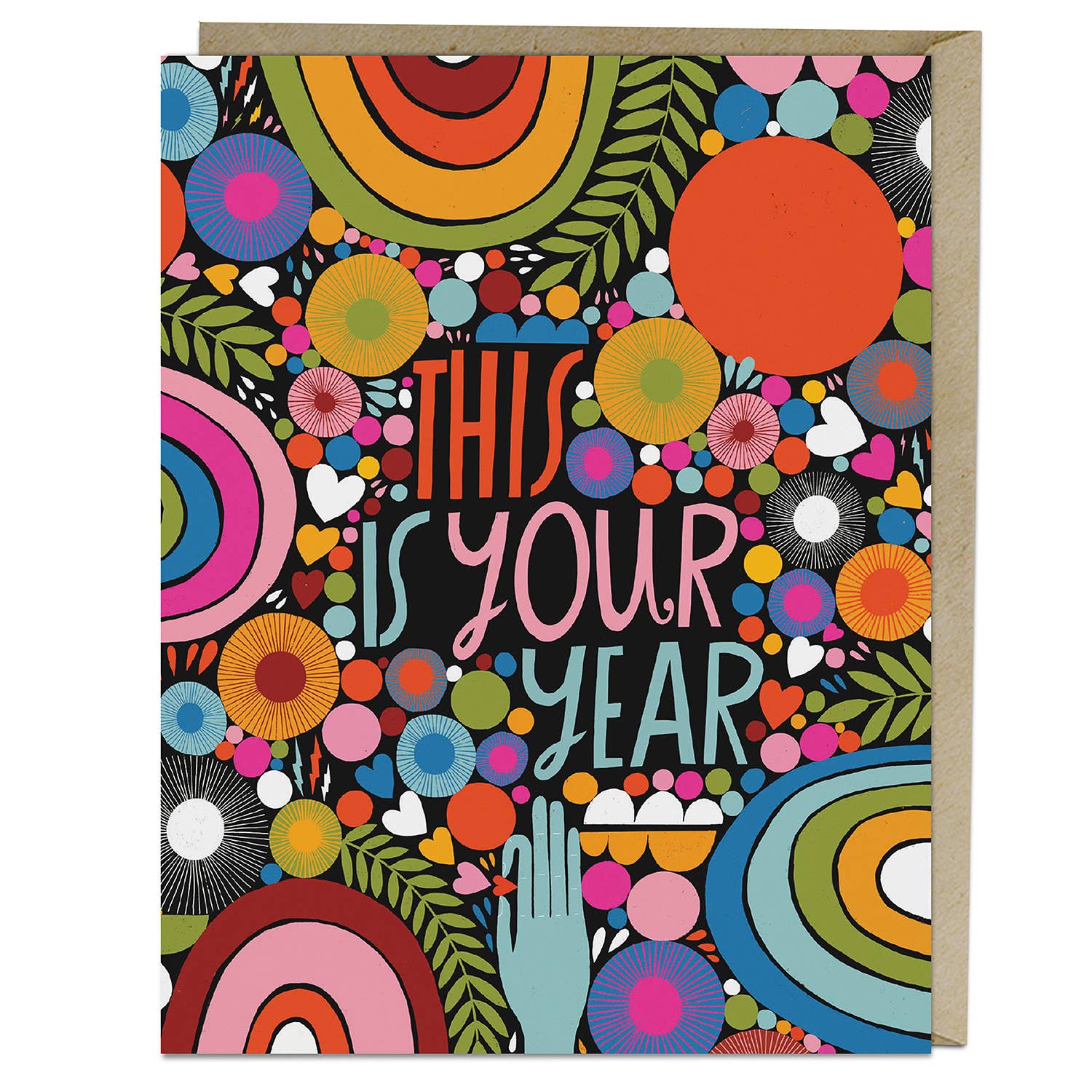 Lisa Congdon Your Year Card: A jubilant card featuring colorful circles, flowers, and leaves. Blank inside, A2 size, printed in the USA on matte stock, with a kraft envelope.