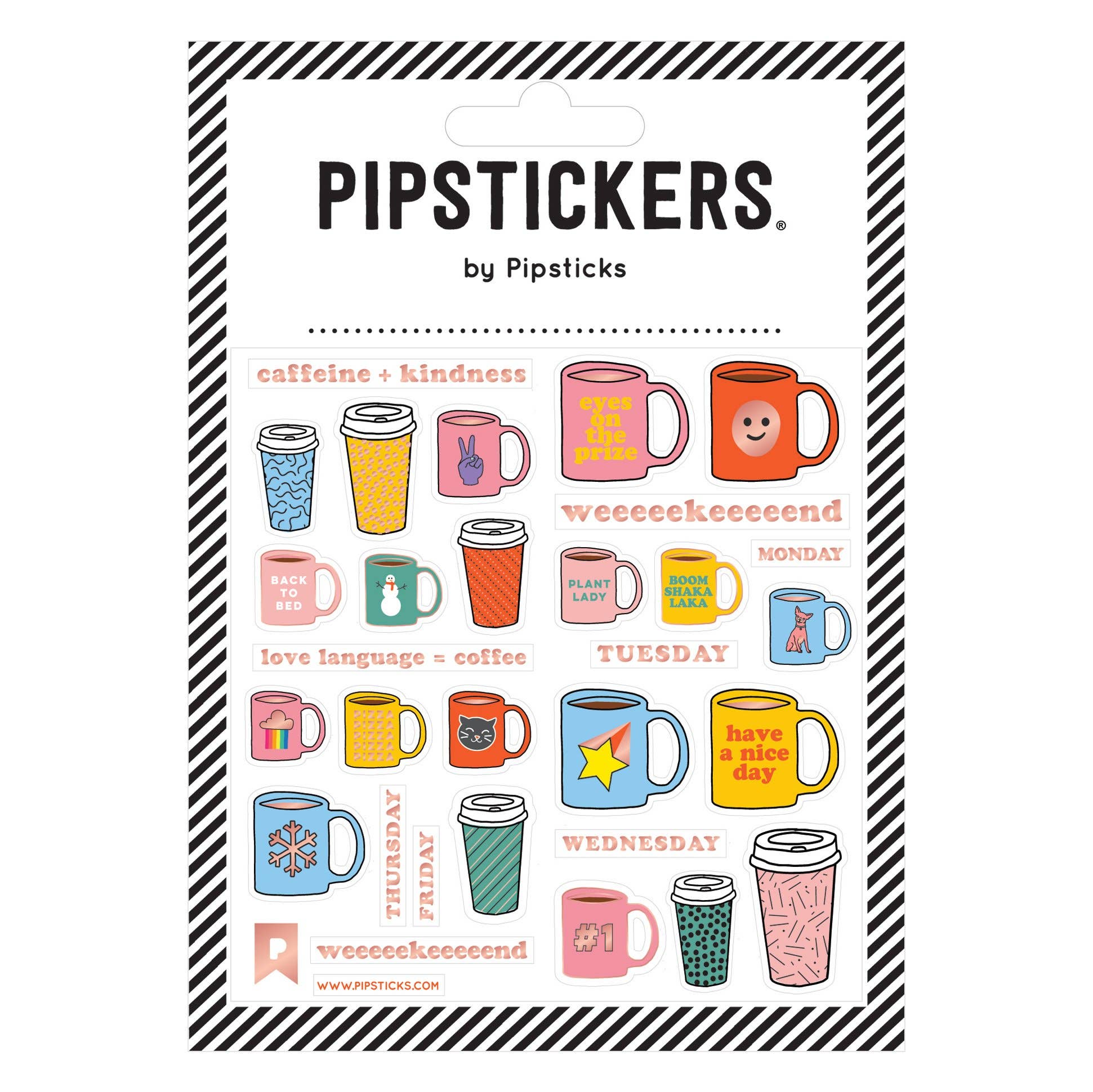 A sheet of Daily Coffee PipStickers featuring coffee mugs, a blue mug with a yellow star, a pink mug with yellow text, and more unique designs with rose gold foil accents.