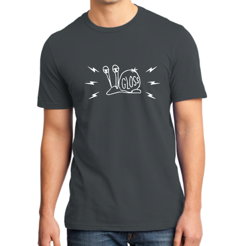 A man in a Derpy Snail Lightning Bolt T-shirt, showcasing a casual top with a unique design.