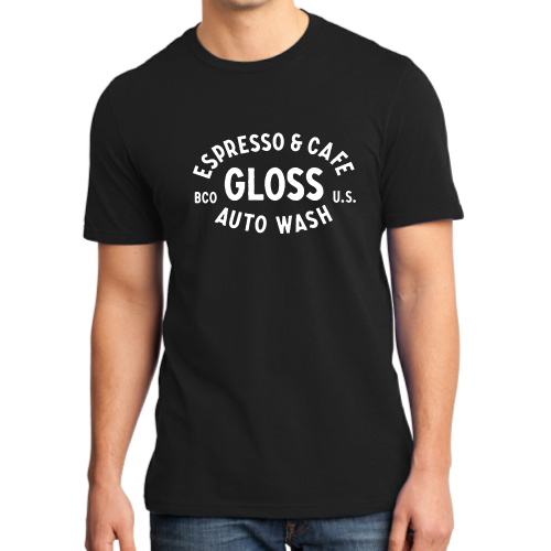 A man in a black shirt, showcasing the Gloss Espresso & Cafe T-Shirt. Casual and stylish, perfect for everyday wear.