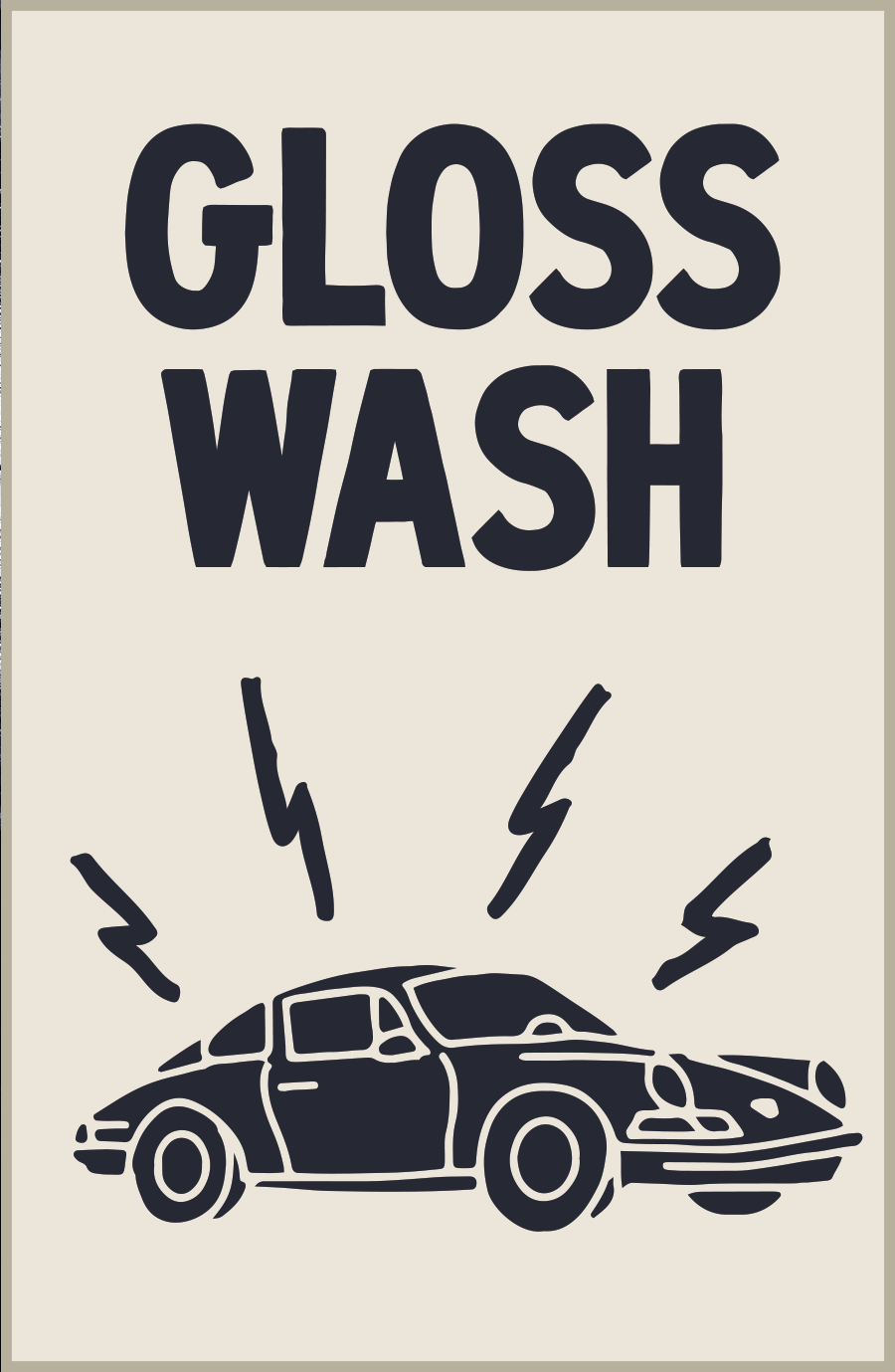 A car wash poster featuring a car, lightning bolts, and text. Product includes triple glaze hot wax, underbody rinse, wheel cleaner, touchless wash, interior vacuum, and more.