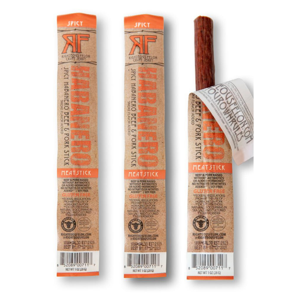 A group of sticks with a central stick surrounded by fiery habanero meat sticks, displayed with a close-up of food and packaging.
