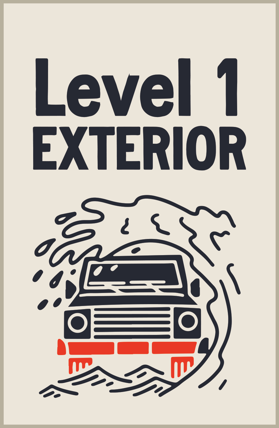 Vehicle detailing service showcasing Exterior Gloss Level 1: Car sign, smoke from front, black letters f and v on white background, with hand wash, wheel detail, clay bar treatment, and ceramic sealant.