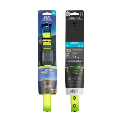Rechargeable NiteDog LED collar in lime/green, showcased in packaging. Features end-to-end illumination, belt-buckle closure, and water resistance for visibility and convenience.