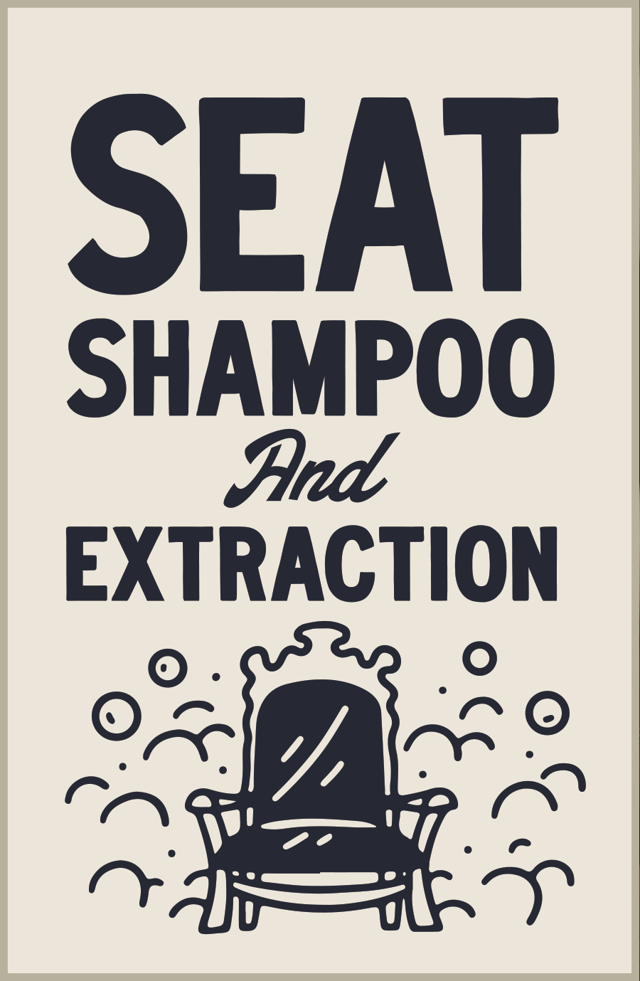 A close-up of a sign with text and a mirror, showcasing Seat Shampoo & Extraction service details: steam extraction for debris removal, stain removal from seats.