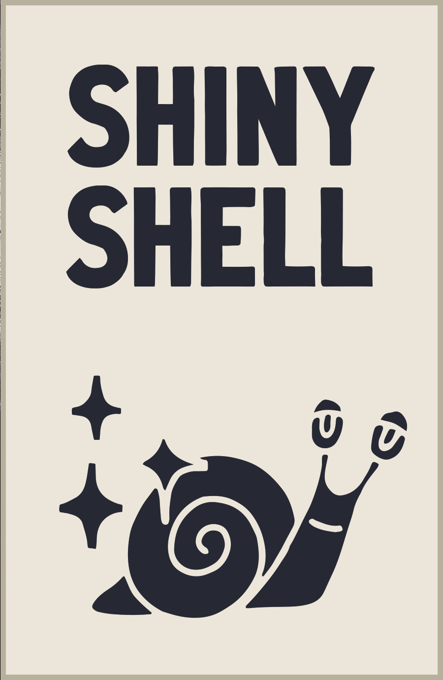 A graphic poster featuring a snail and stars, a black and white cross, and the letter f on a white background. Emphasizing the product title Shiny Shell with a focus on design elements.