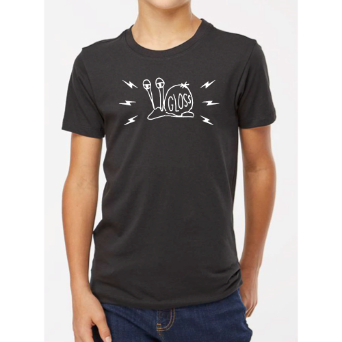 A person in a black shirt wearing the Gloss Derpy Snail YOUTH T-shirt, featuring a white drawing of a snail.