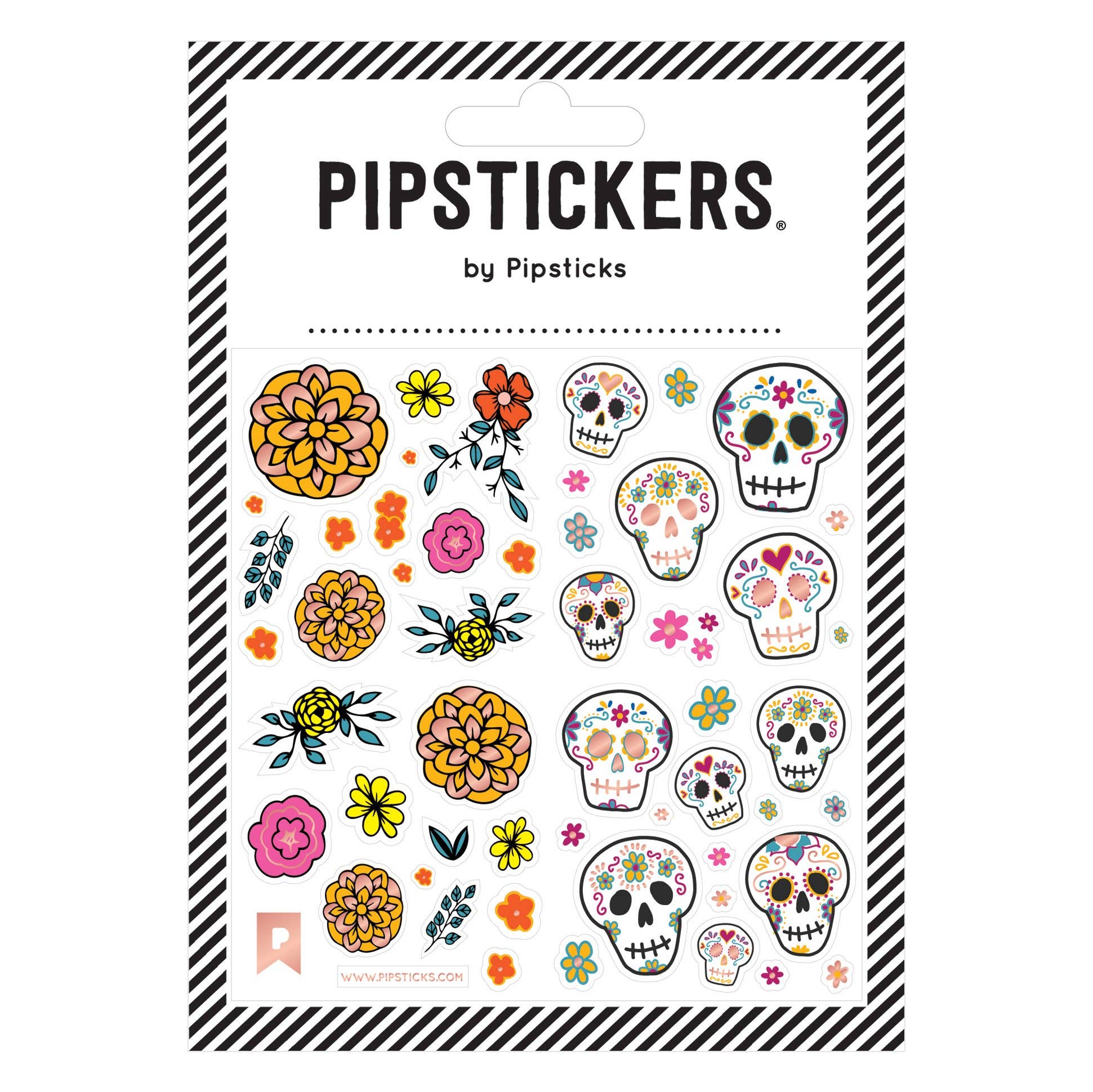 Floral Calaveras PipStickers: Unique PVC designs with rose gold foil accents on clear backing. Features skulls, flowers, and dots inspired by Dia De Los Muertos.